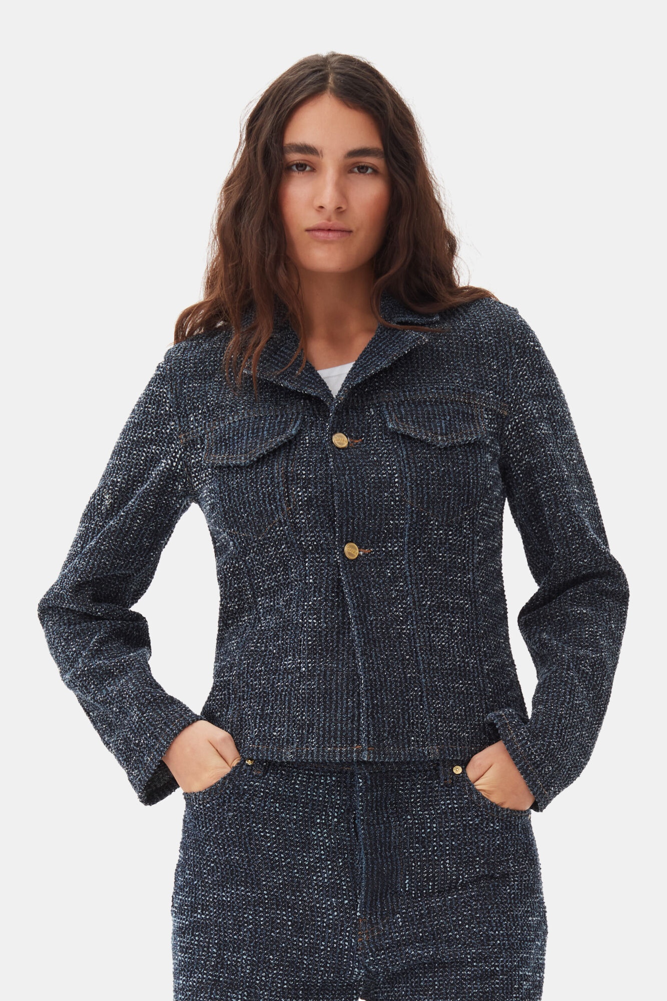 DARK BLUE FLUFFY DENIM BLAZER - 2