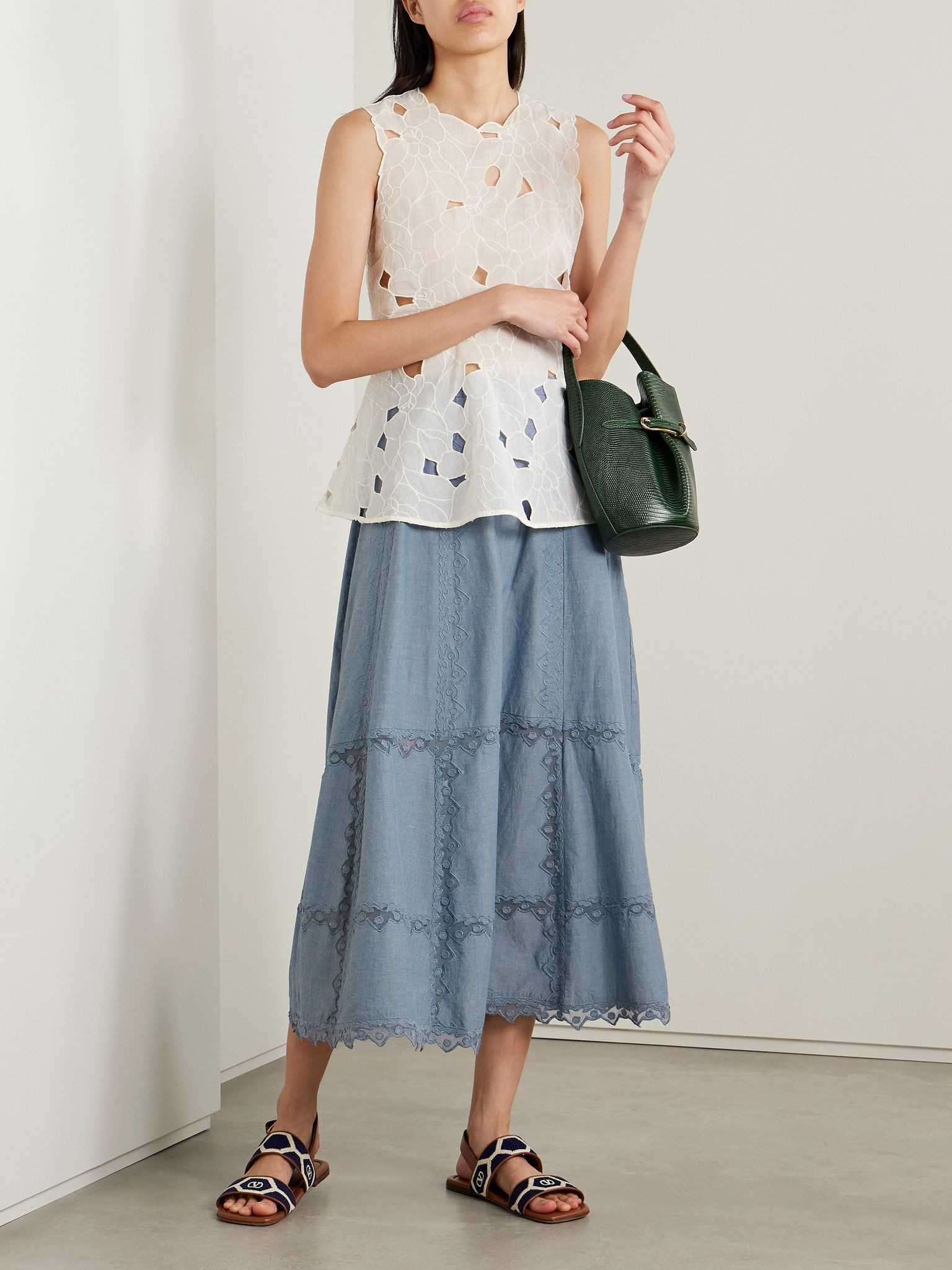 Lucia embroidered mesh-trimmed cotton-chambray midi skirt Blue - 2