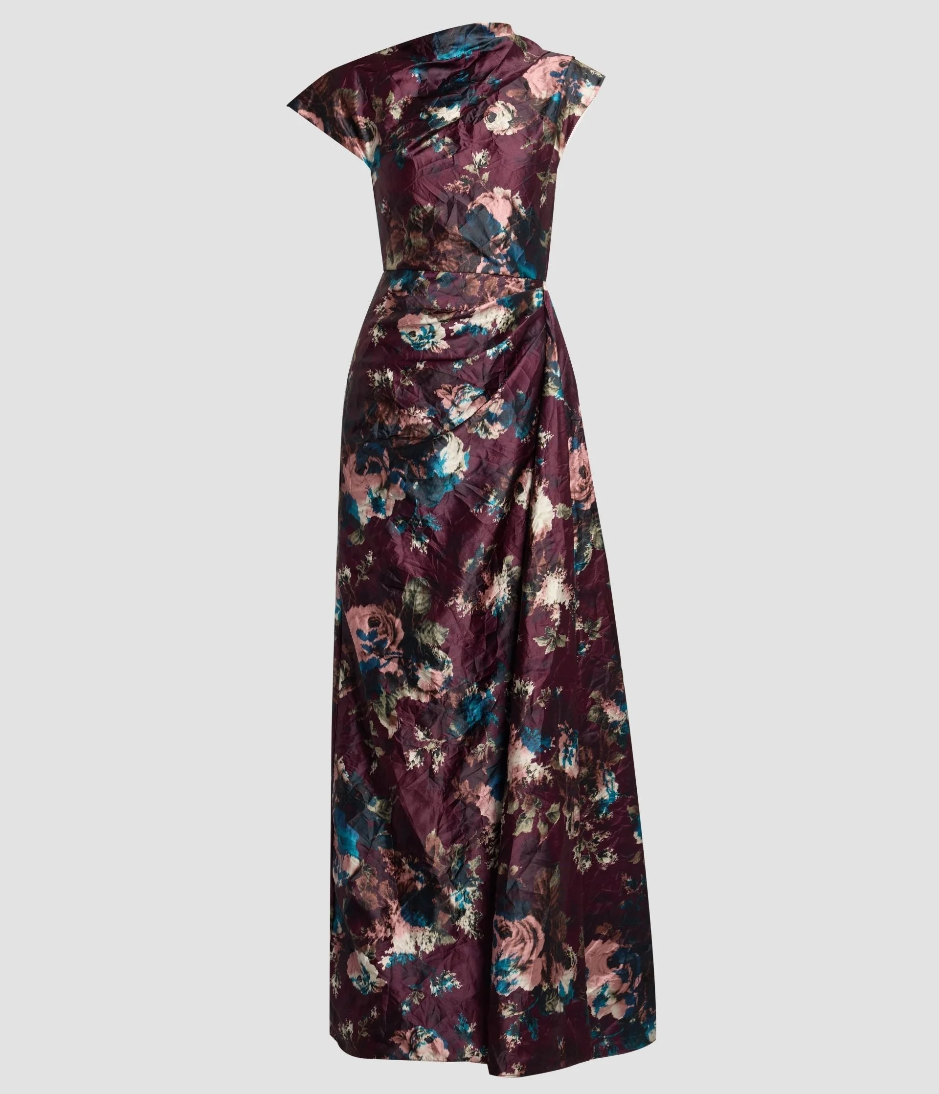 FLORAL TEXTURED SATIN SHORT SLEEVE DRAPED GOWN - 1