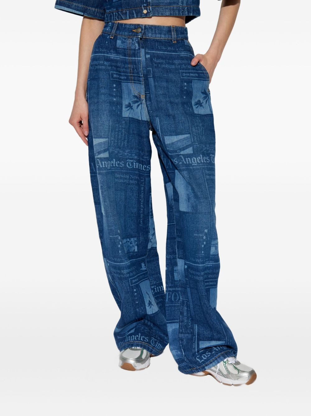 newspaper-print cotton jeans - 3