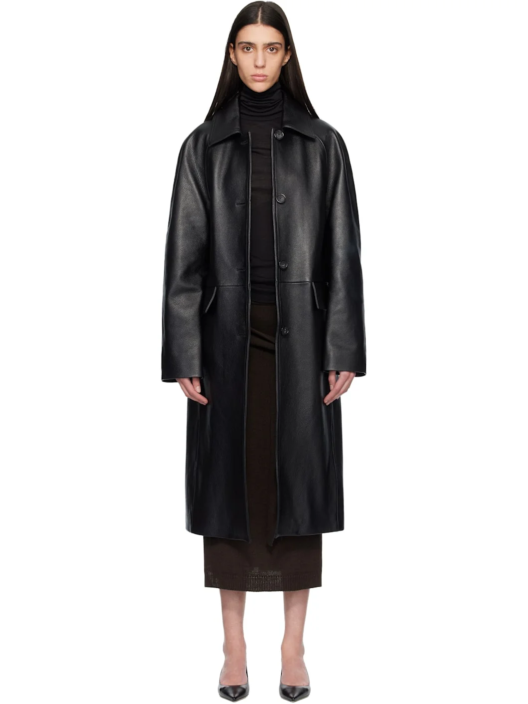 Black Raglan Leather Coat - 1
