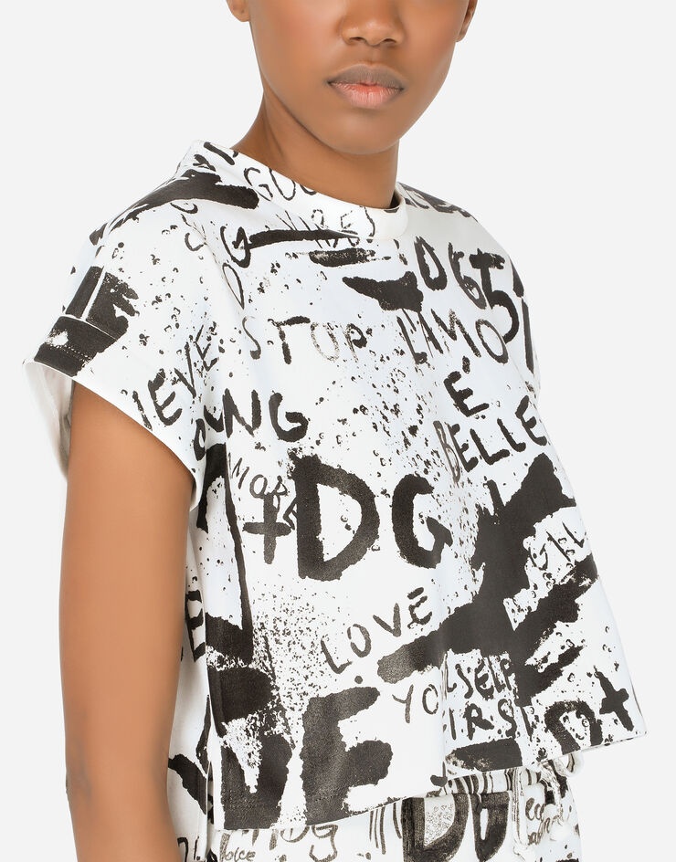 Cropped jersey T-shirt with DG graffiti print - 4