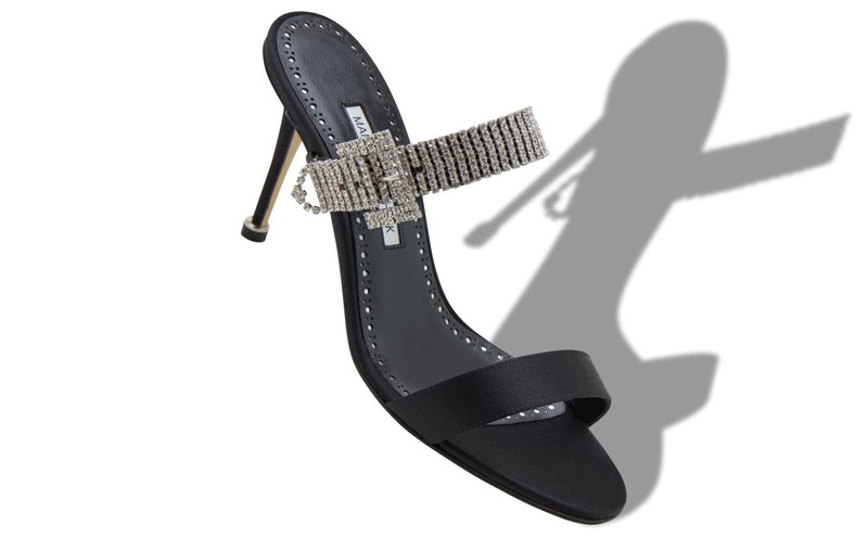 Manolo Blahnik Black Satin Crystal Embellished Strap Mules outlook