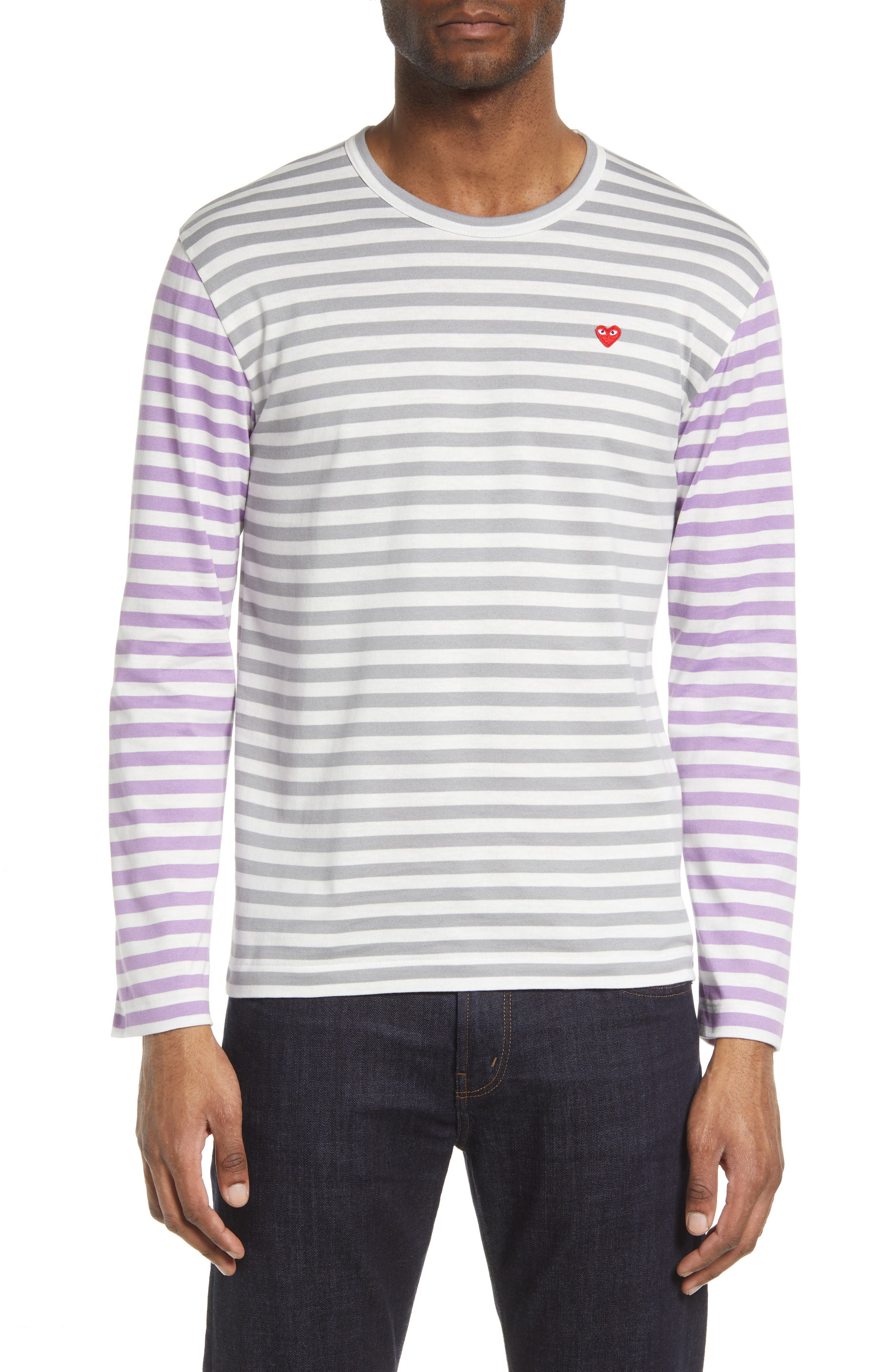 Comme des Garçons PLAY Small Heart Stripe Colorblock Long Sleeve T-Shirt in Grey/Purple at Nordstrom - 1