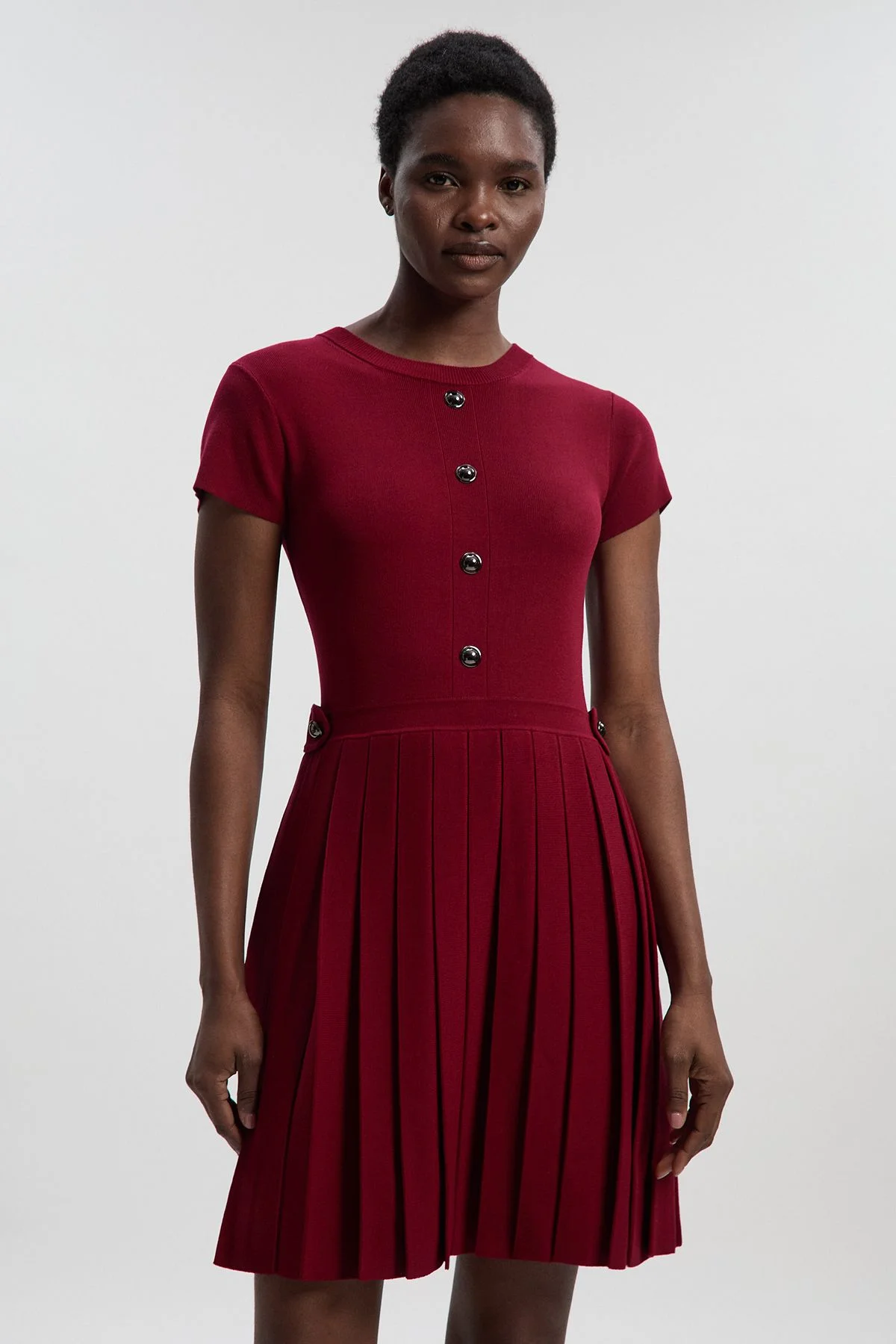 Viscose Blend Tab Detail Pleated Knit Mini Dress - 1