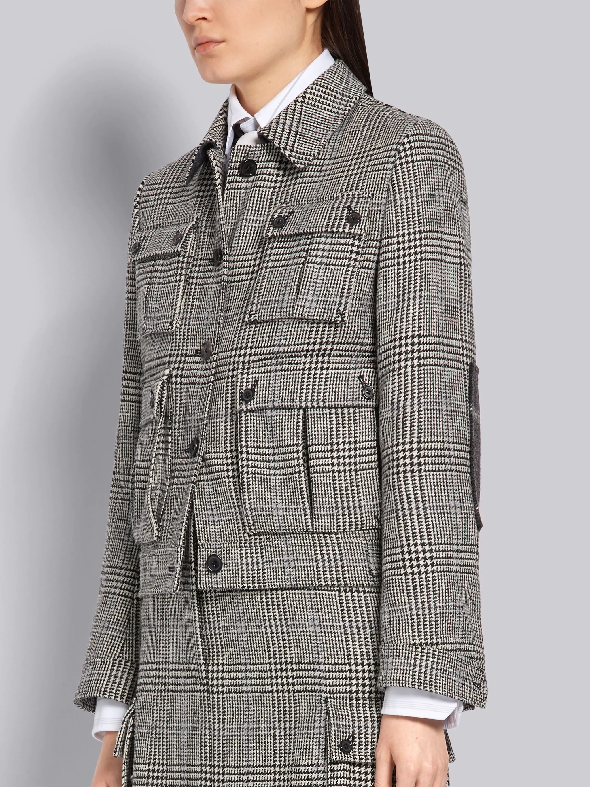 Black and White Prince of Wales Hunting Wool Tweed Unconstructed 4-Pocket Harrington Jacket - 8