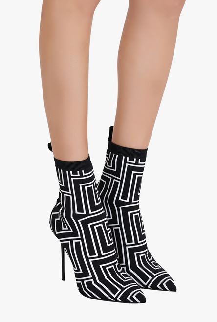 Bicolor stretch knit Skye ankle boots with black and white Balmain monogram - 7