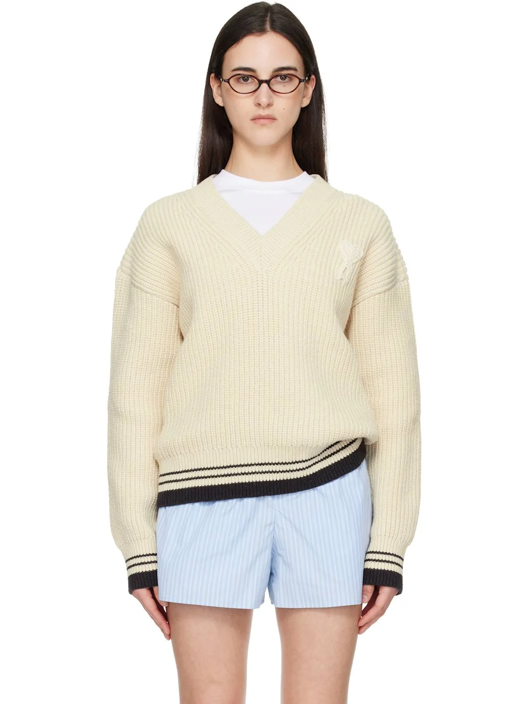 White Ribbed Wool V Neck Ami de Coeur Sweater - 1