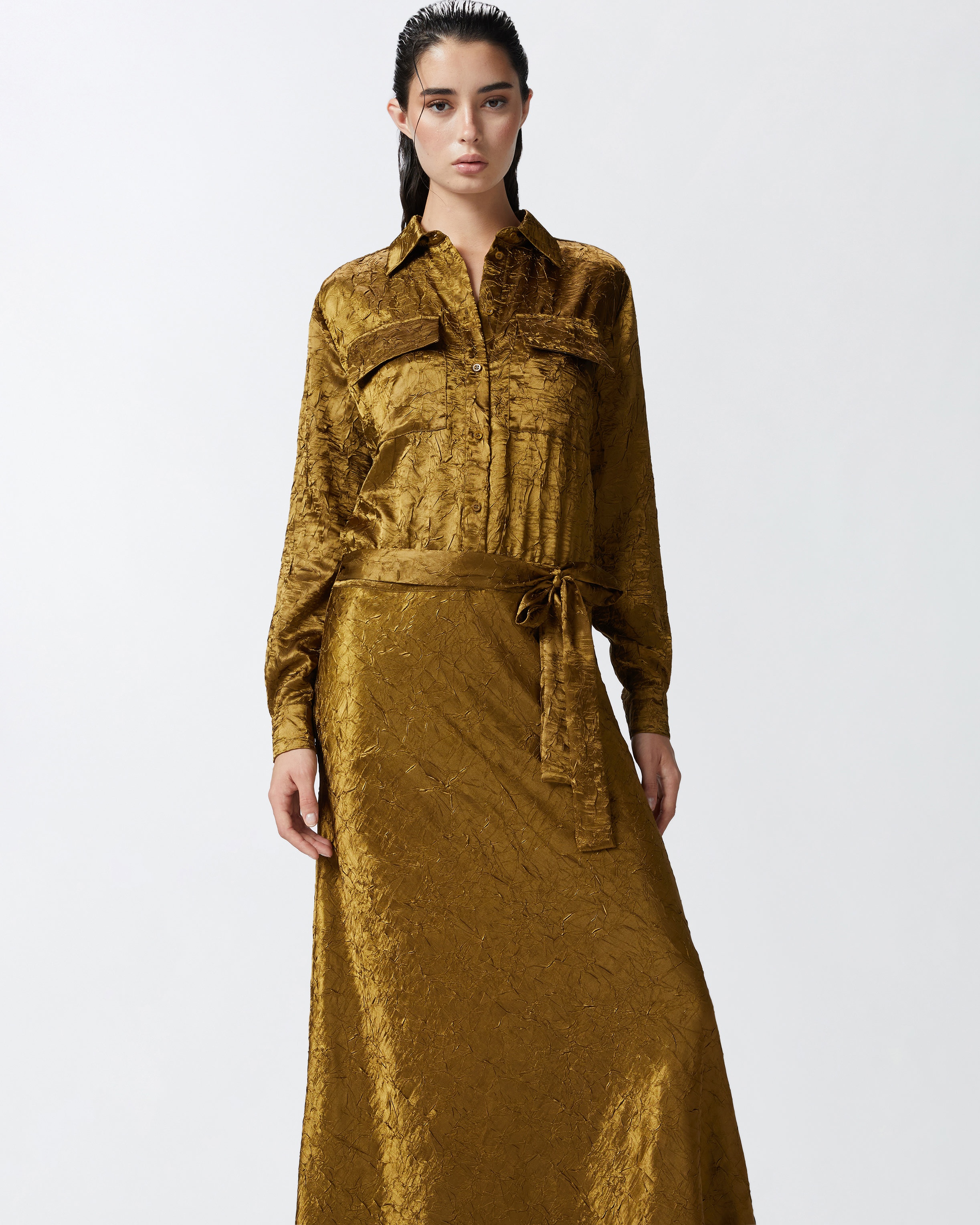 LONG CRINKLED SATIN SHIRT DRESS - 3