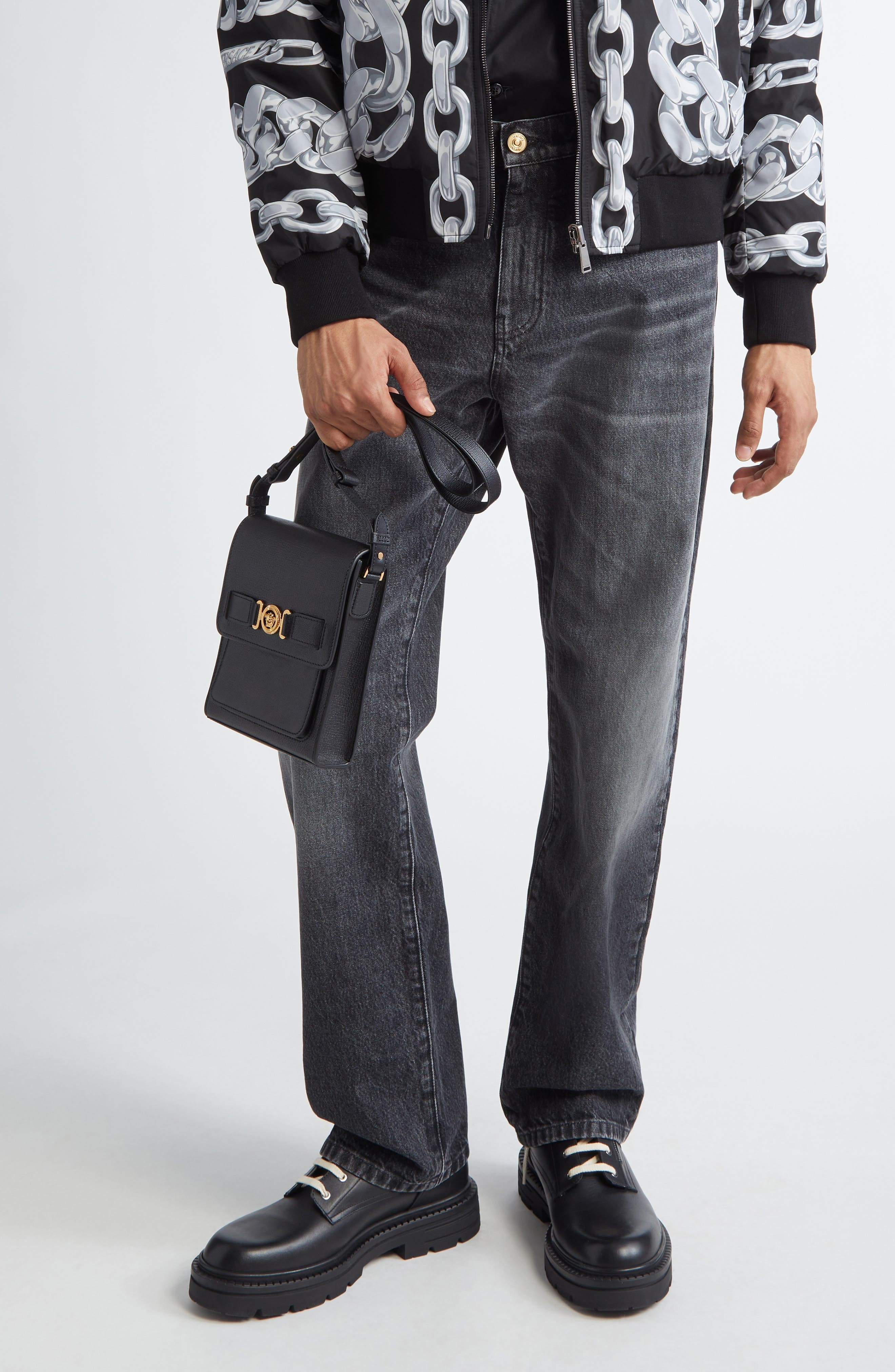Versace Medusa '95 Leather North/South Messenger Bag in Black Versace Gold at Nordstrom - 3