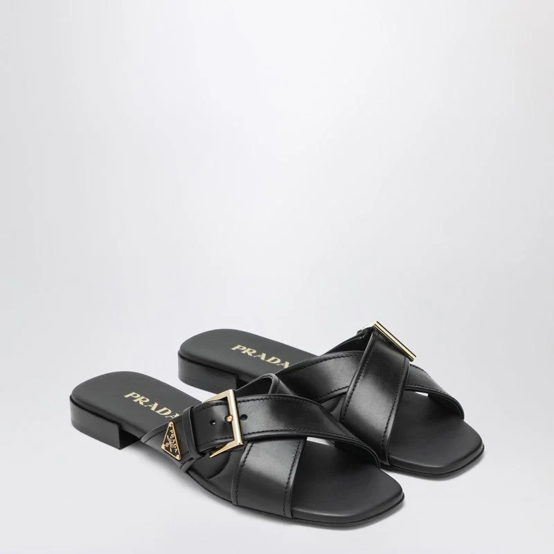 Prada Black Leather Slider Sandals With Buckle Women - 1