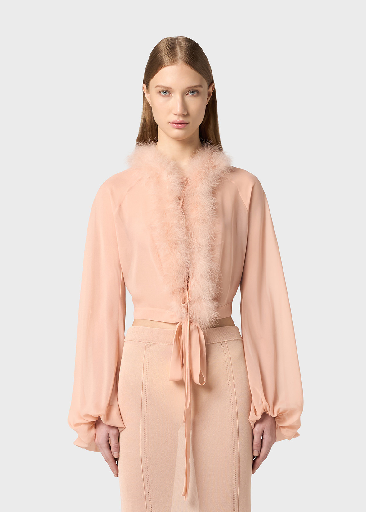 GEORGETTE SHIRT WITH FEATHER-TRIMMED NECKLINE - 3