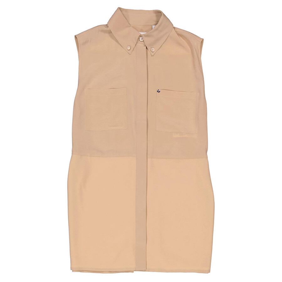 Burberry Billie Silk Crepe Draped Panel Sleevless Shirt In Soft Fawn - 5
