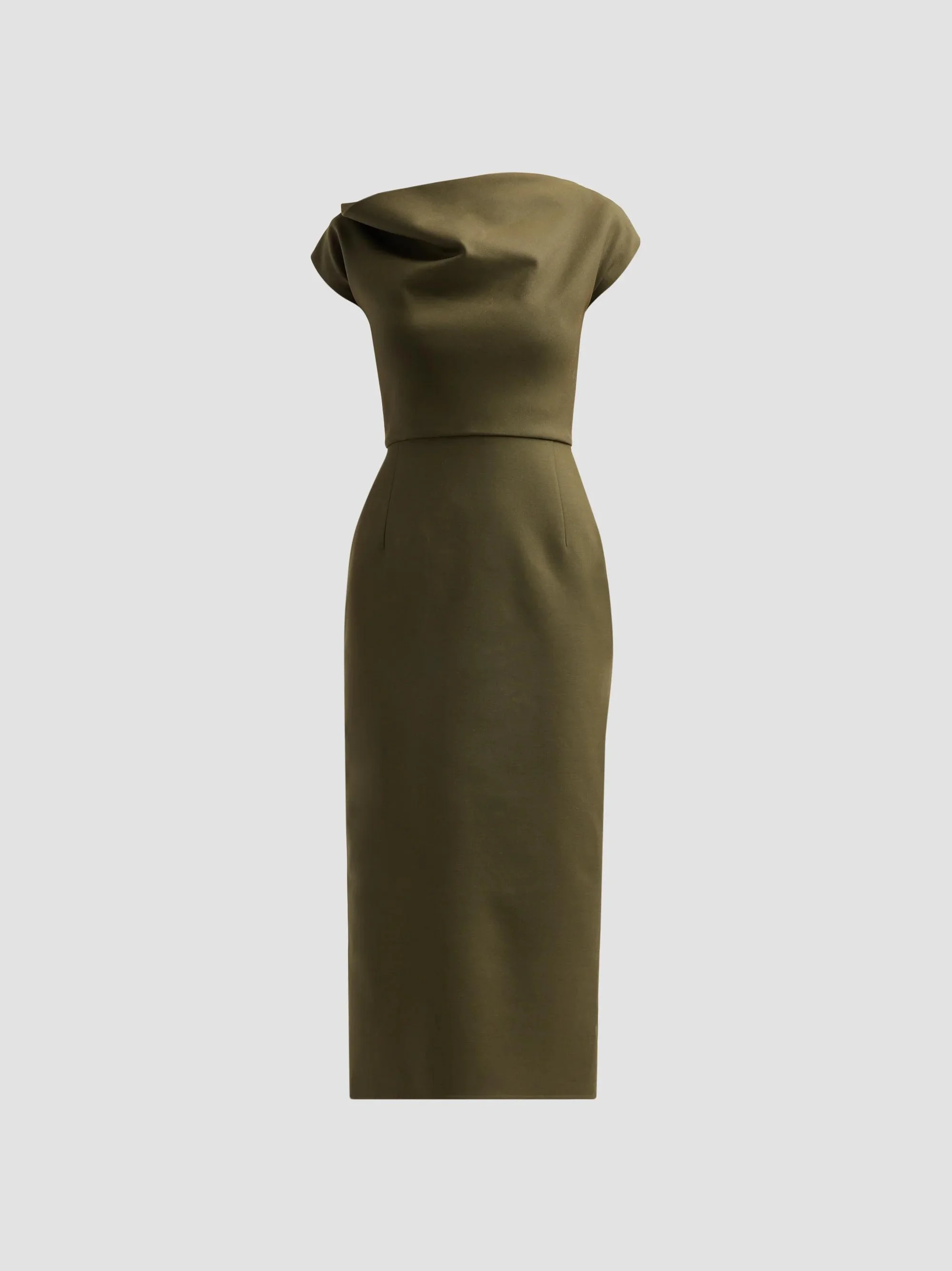 Women's Draped Neck Stretch Wool Dress - Dark Moss - 1