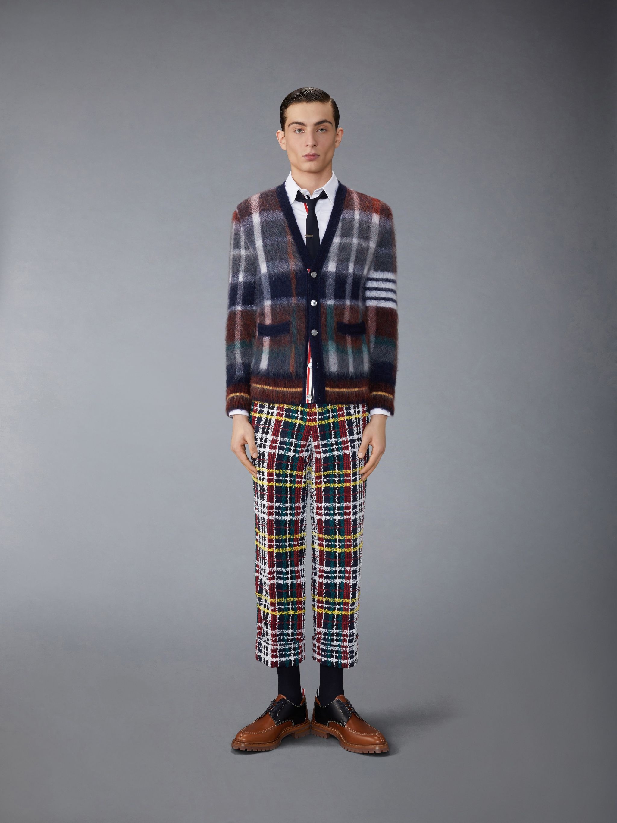 Brushed Mohair Gingham Hector Tartan Check Jacquard 4-Bar Cardigan - 3