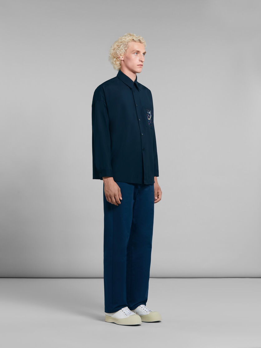 DEEP BLUE WOOL SHIRT WITH EMBROIDERED DRAGON - 6