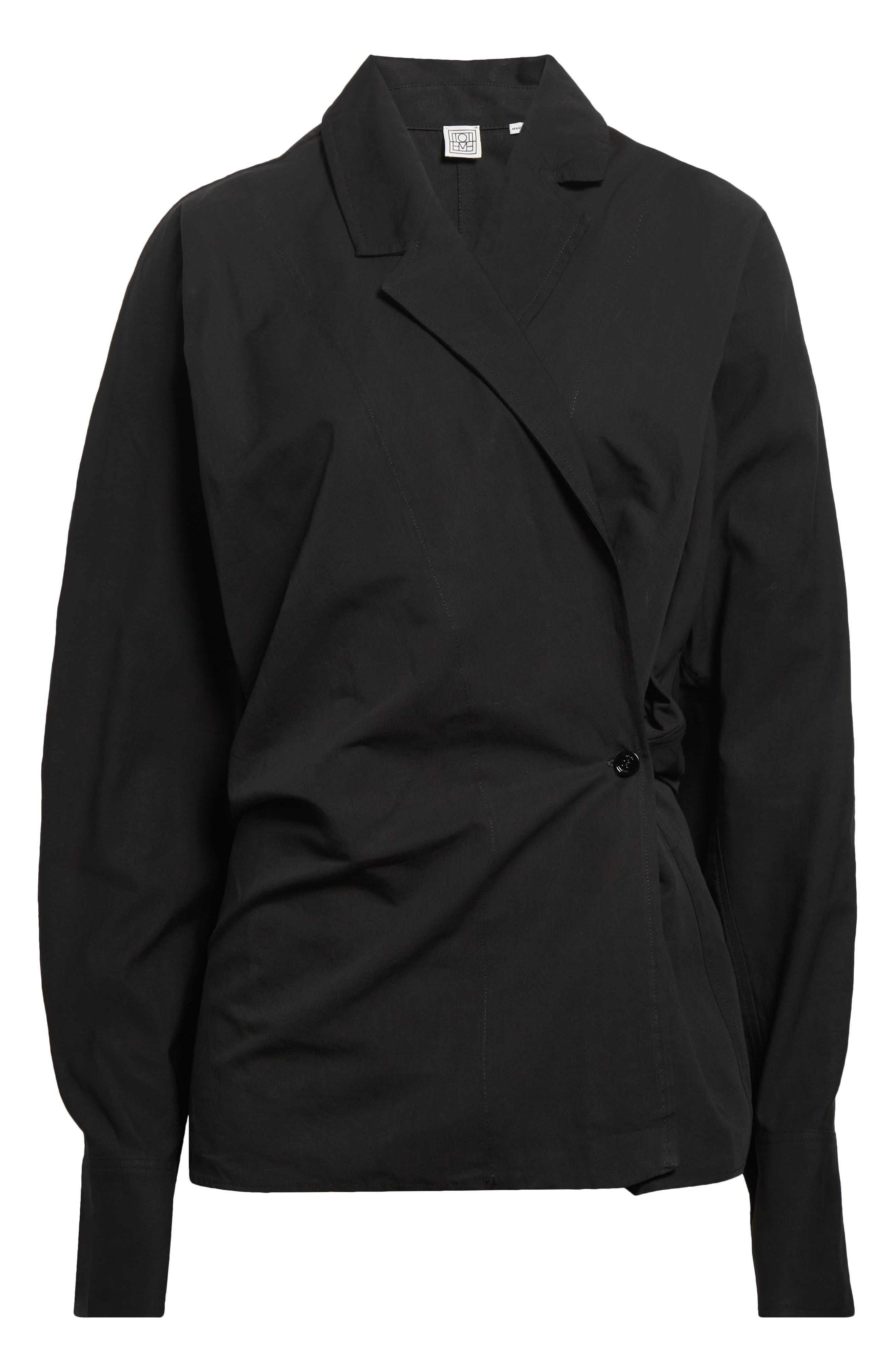 TOTEME Long Sleeve Organic Cotton & Linen Wrap Top in Black at Nordstrom - 6