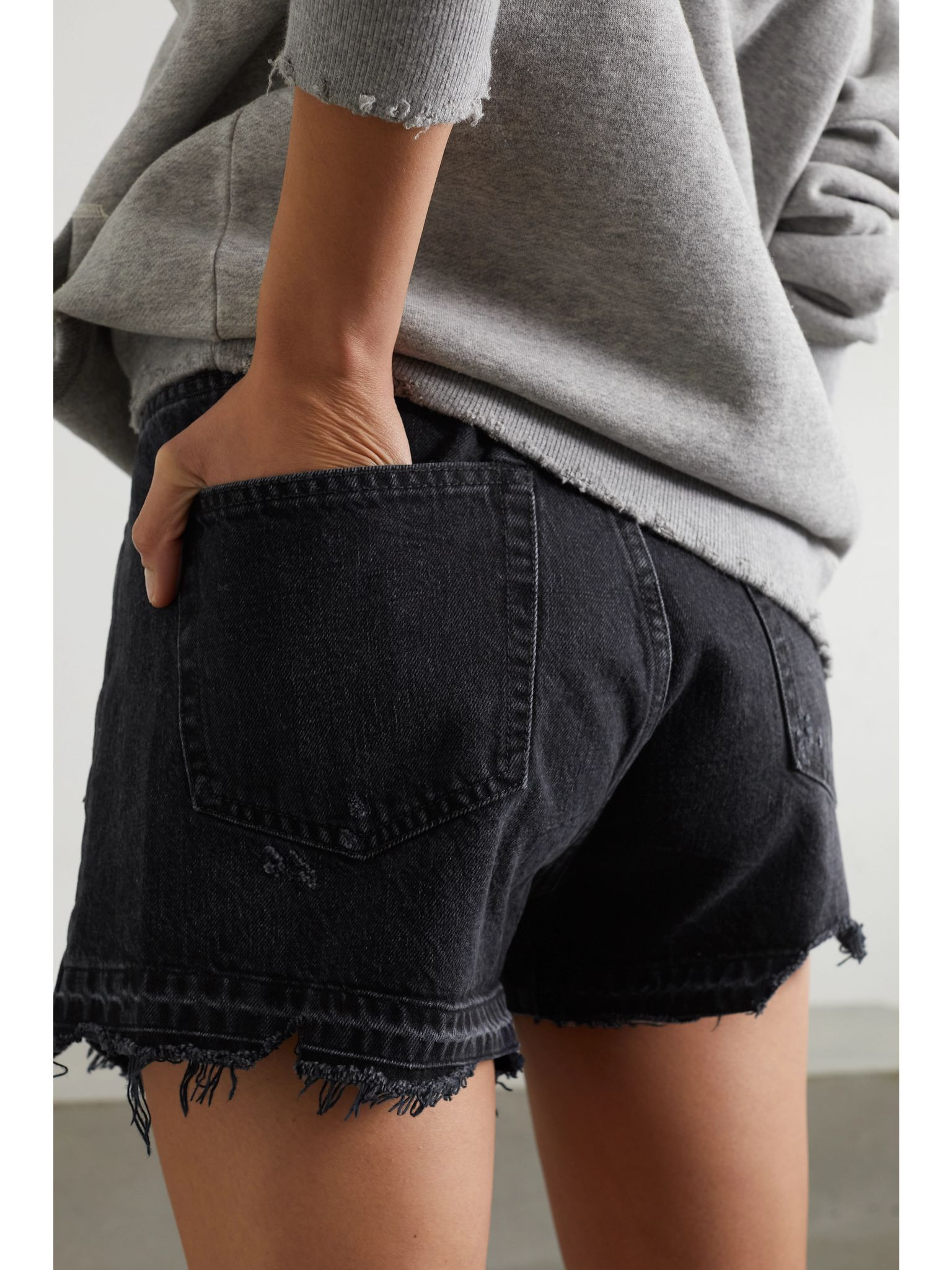 Crossover asymmetric distressed denim shorts Black - 3