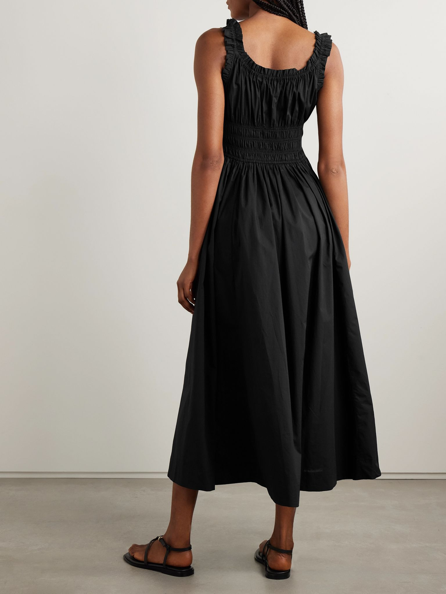 Emmaretta tie-detailed shirred organic cotton-voile midi dress Black - 3
