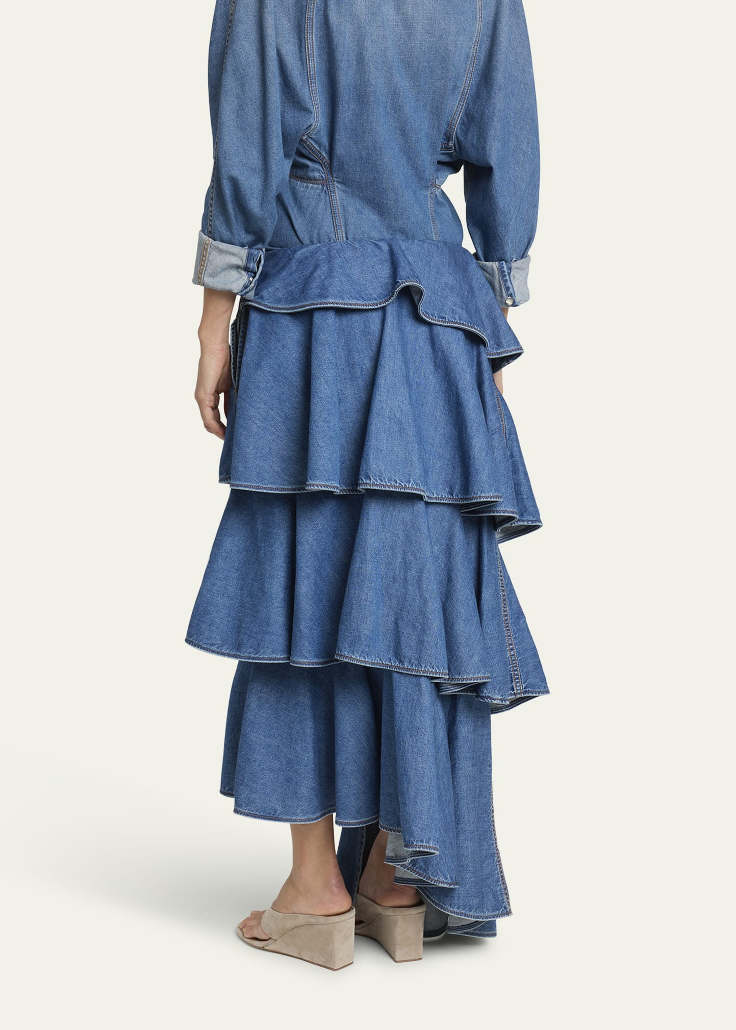 Spiral Ruffle Denim Midi Skirt - 3