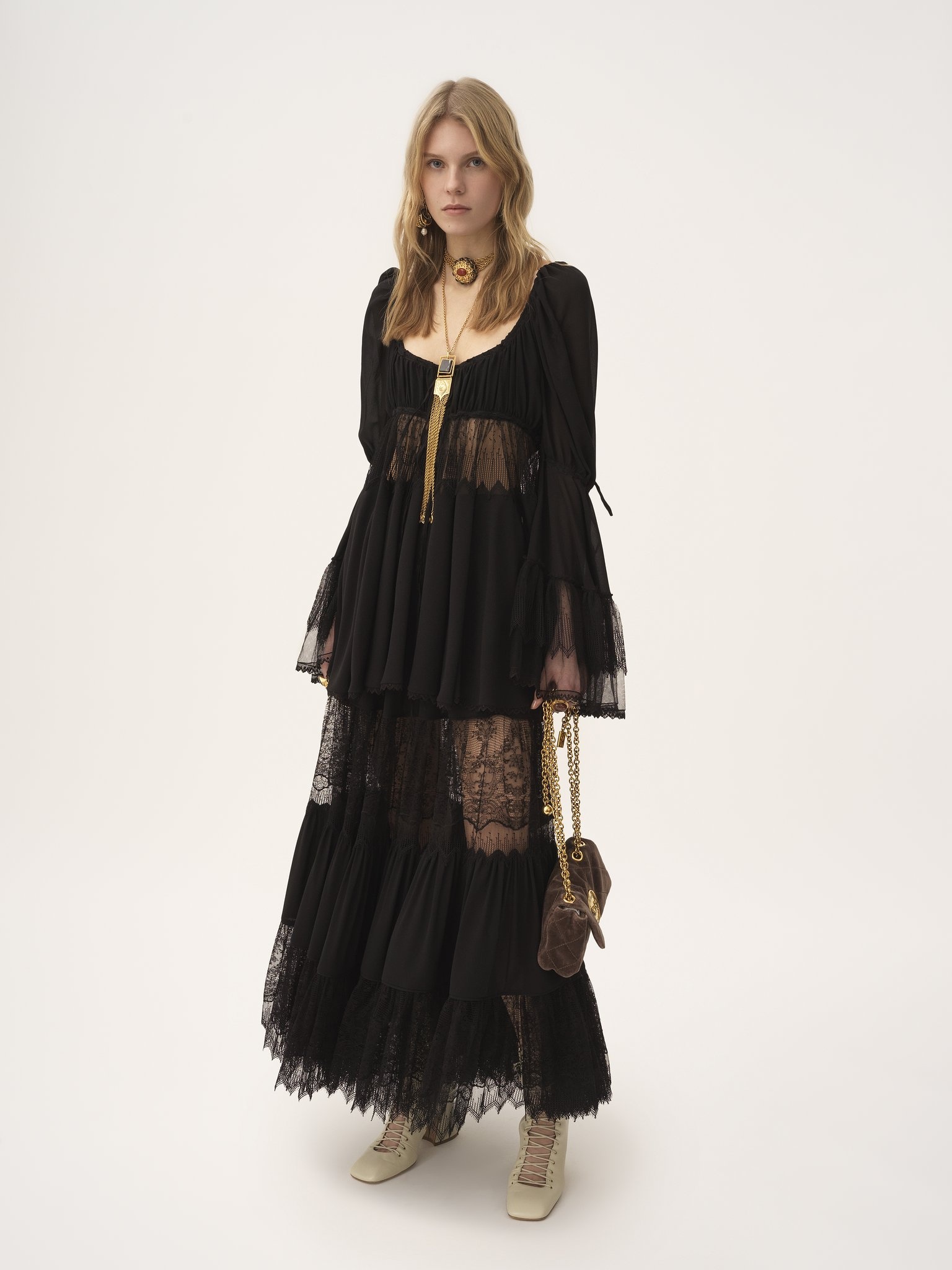 TIERED LONG SKIRT IN SILK GEORGETTE & LACE - 4