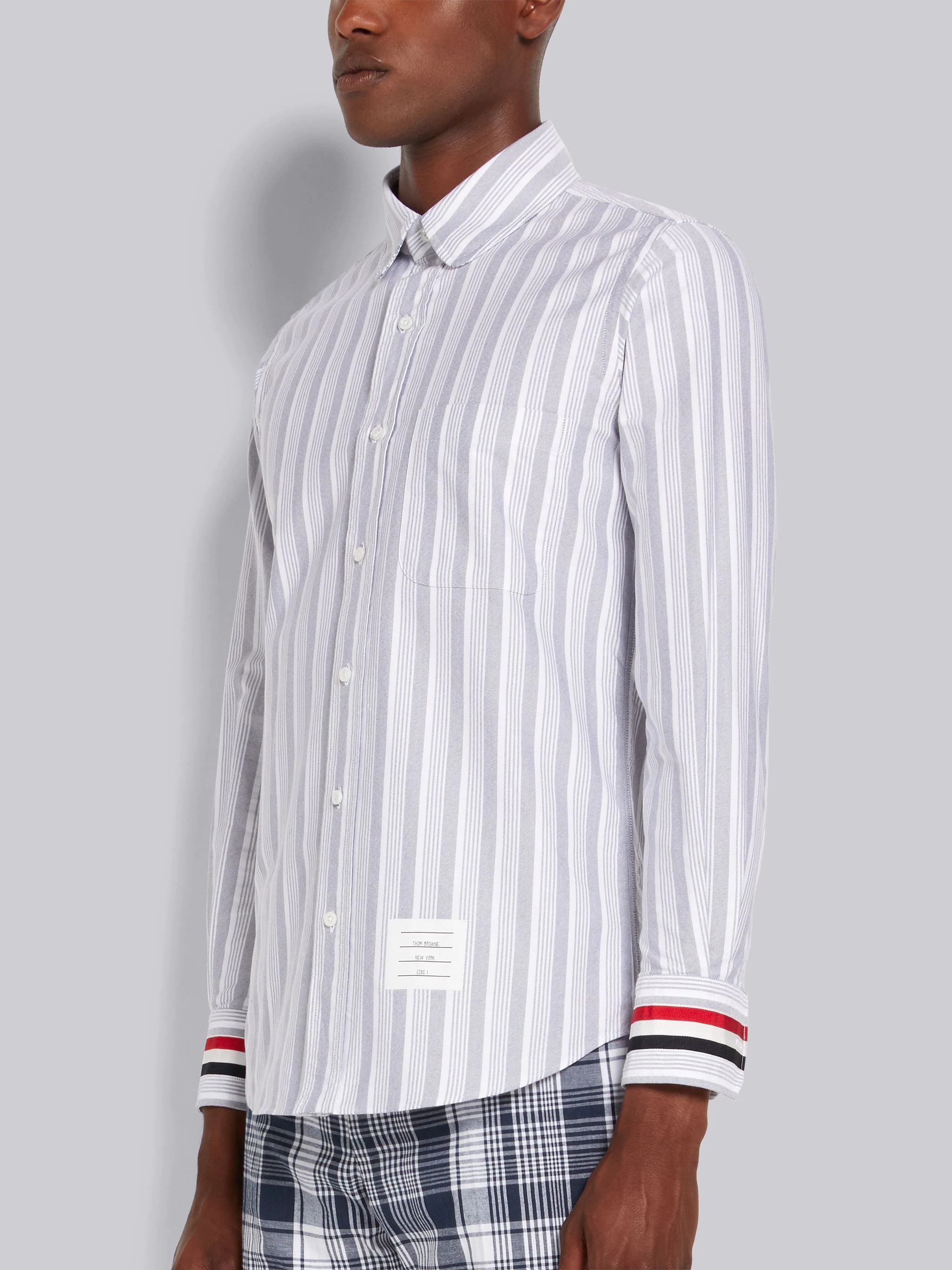 Navy Stripe Oxford Stripe Cuff Straight Fit Round Collar Shirt - 2