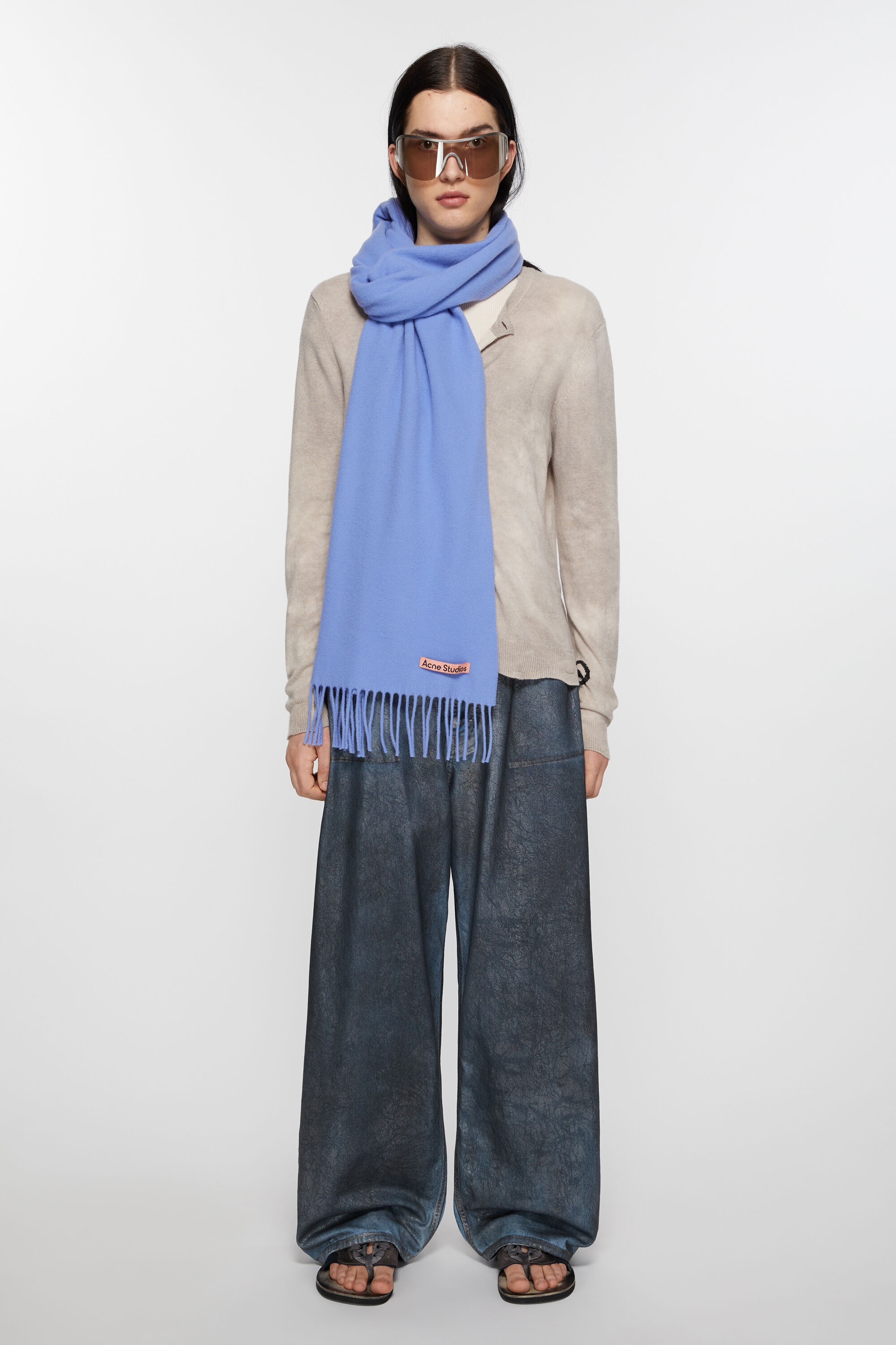 Fringe wool scarf - Narrow - Sweet blue - 3