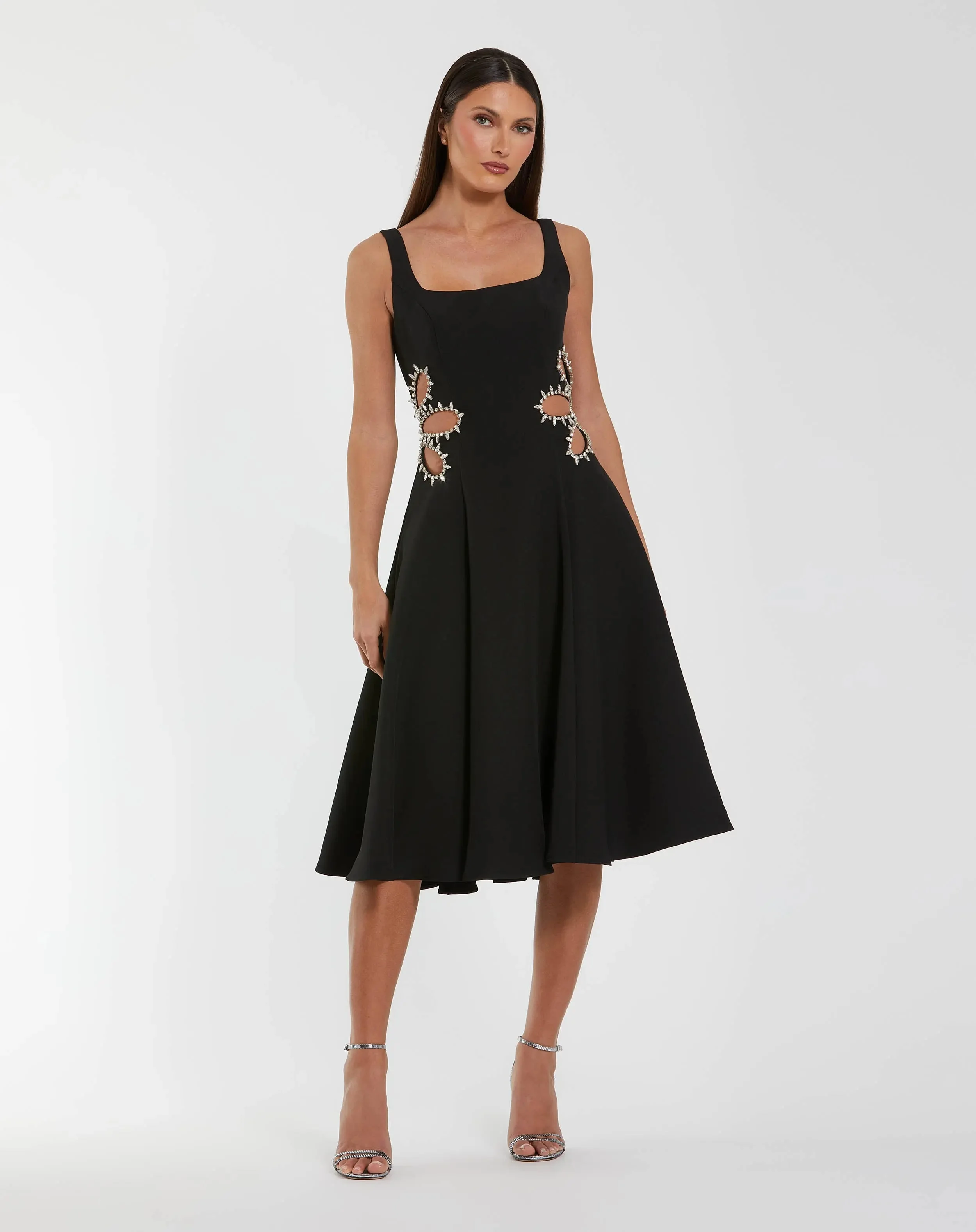 Black Sleeveless Crepe Rhinestone Cutout Midi Dress - 1