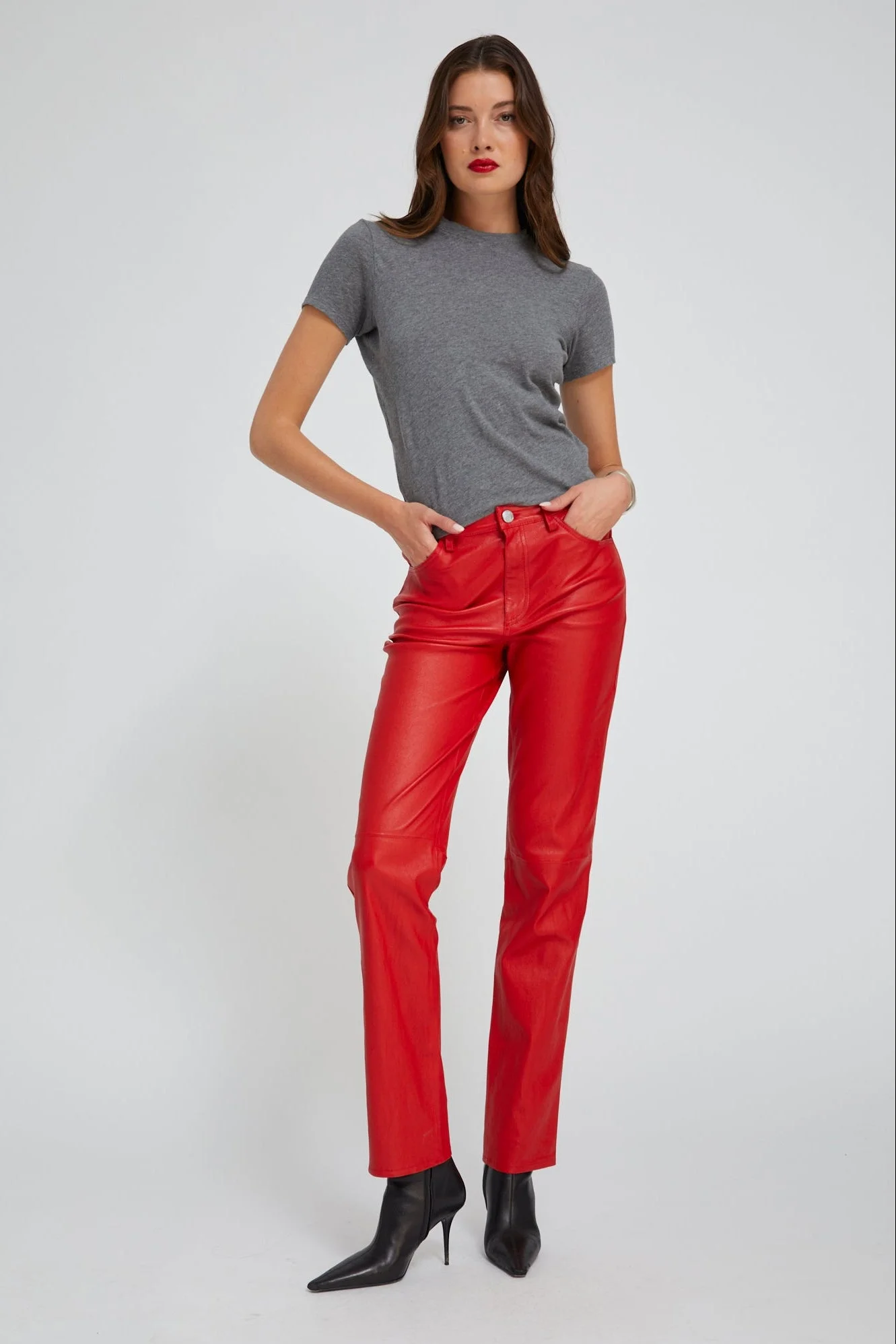 RED LEATHER 5 POCKET SLIM STRAIGHT - 1