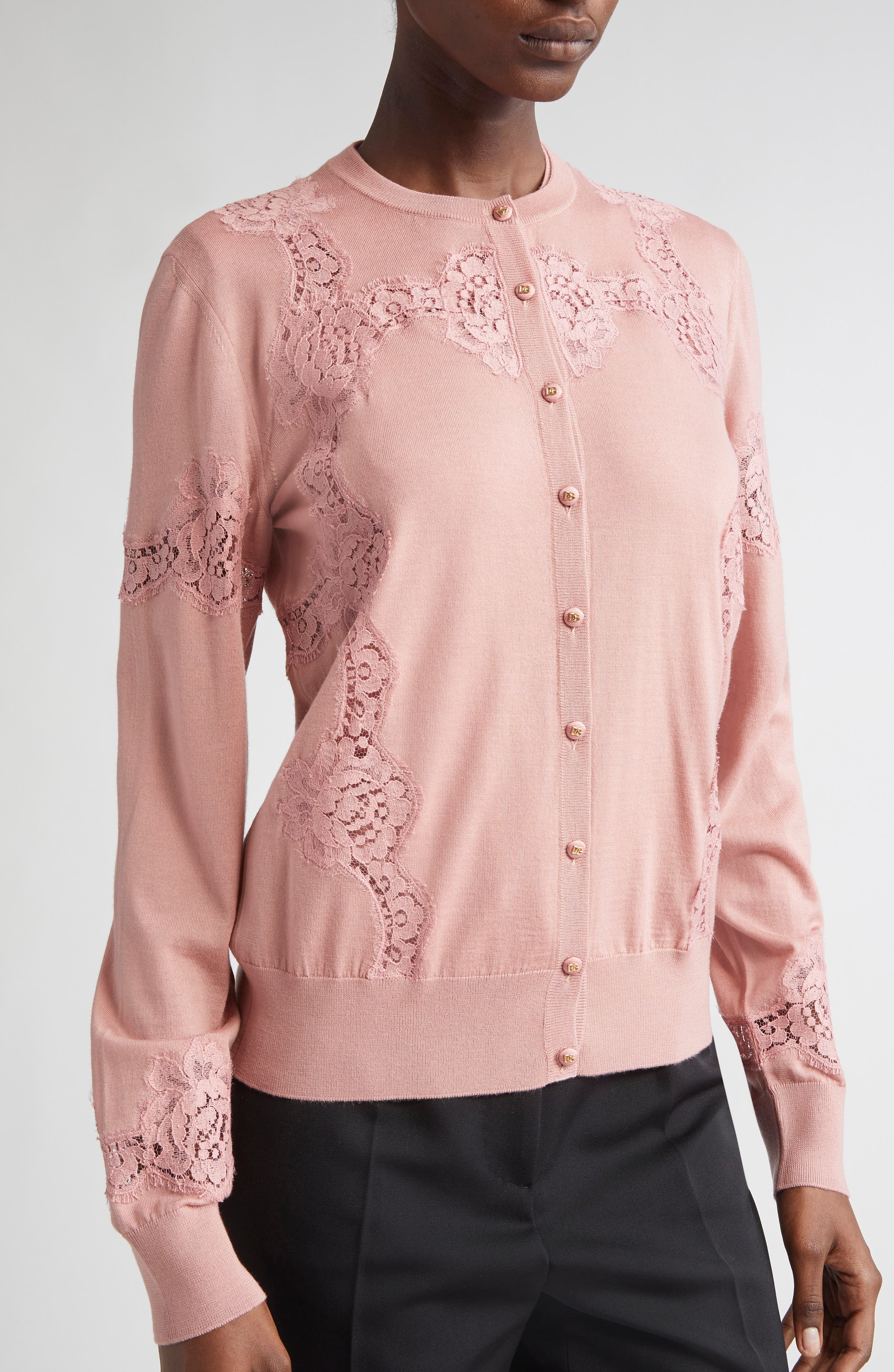 Dolce&Gabbana Lace Detail Virgin Wool & Cotton Blend Cardigan in Rosa Polvere Scuro at Nordstrom - 4
