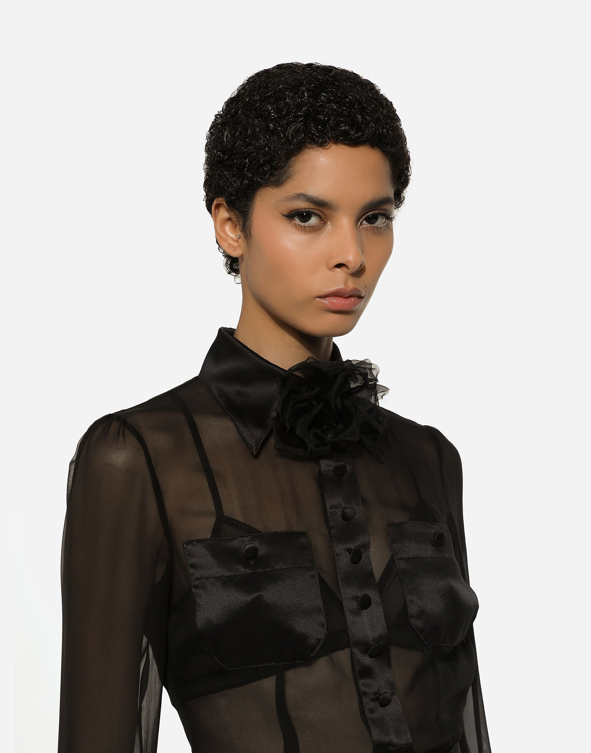 Chiffon calf-length shirt dress with satin details - 5