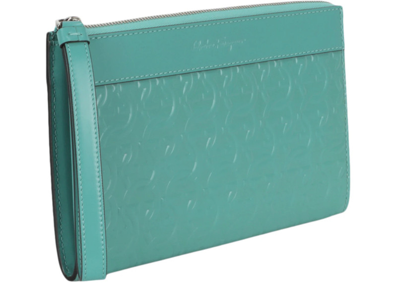 FERRAGAMO Ferragamo Gancini Embossed Leather Clutch Turquoise outlook