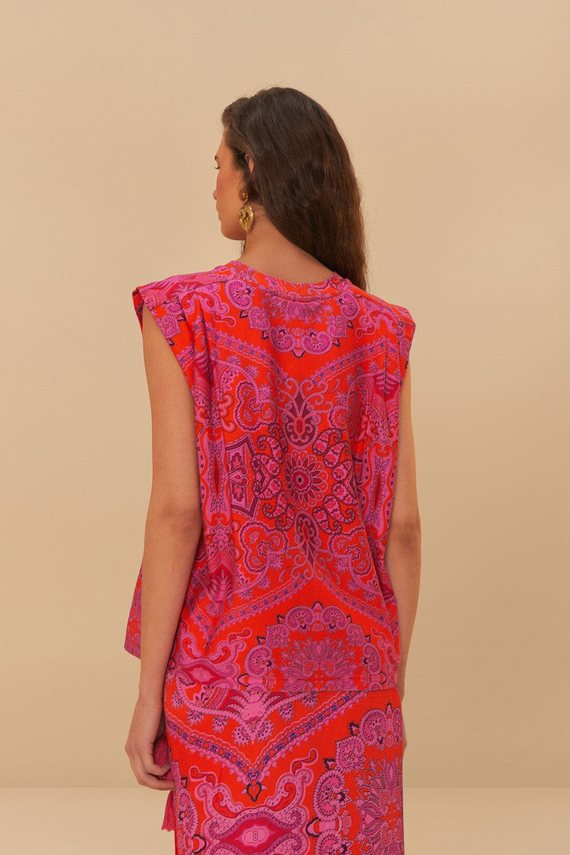 Red Paisley Scarf Shoulder Pad Blouse 4