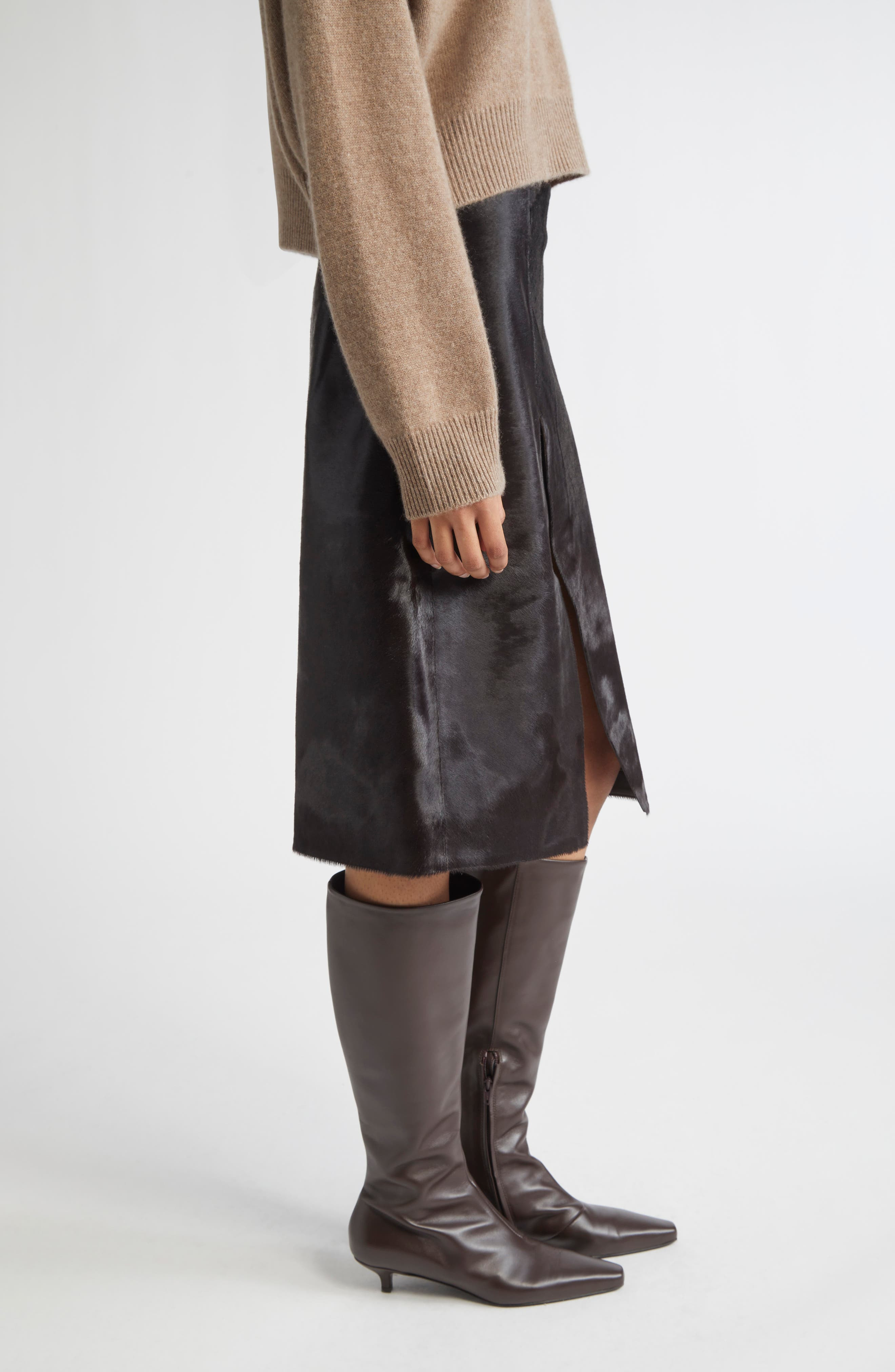 LOULOU DE SAISON Myra Asymmetric Genuine Calf Hair Midi Skirt in Coffee at Nordstrom - 4
