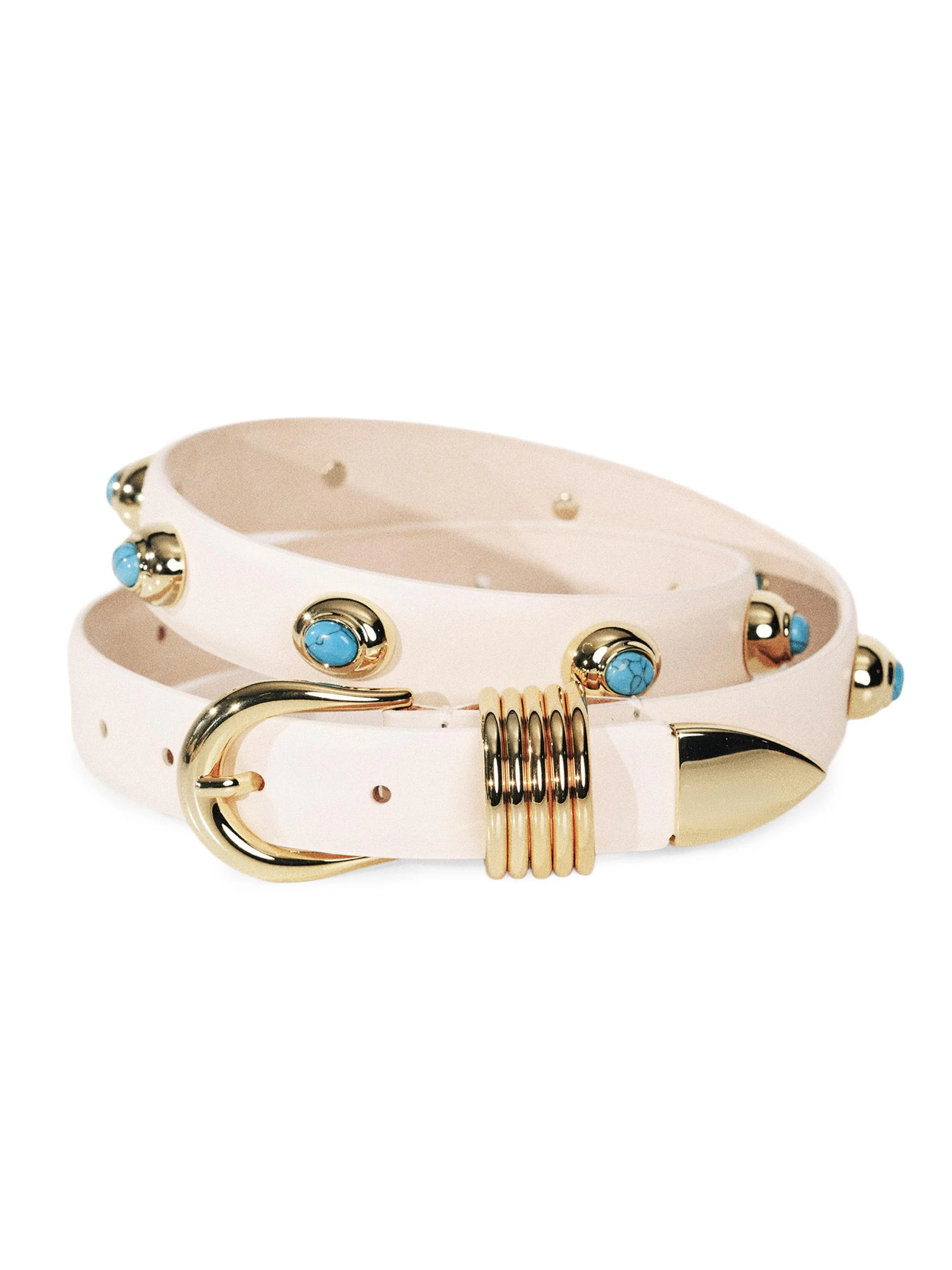 Women's Hollyhock Embellished Leather Belt - Ivory Turquoise Gold - 1