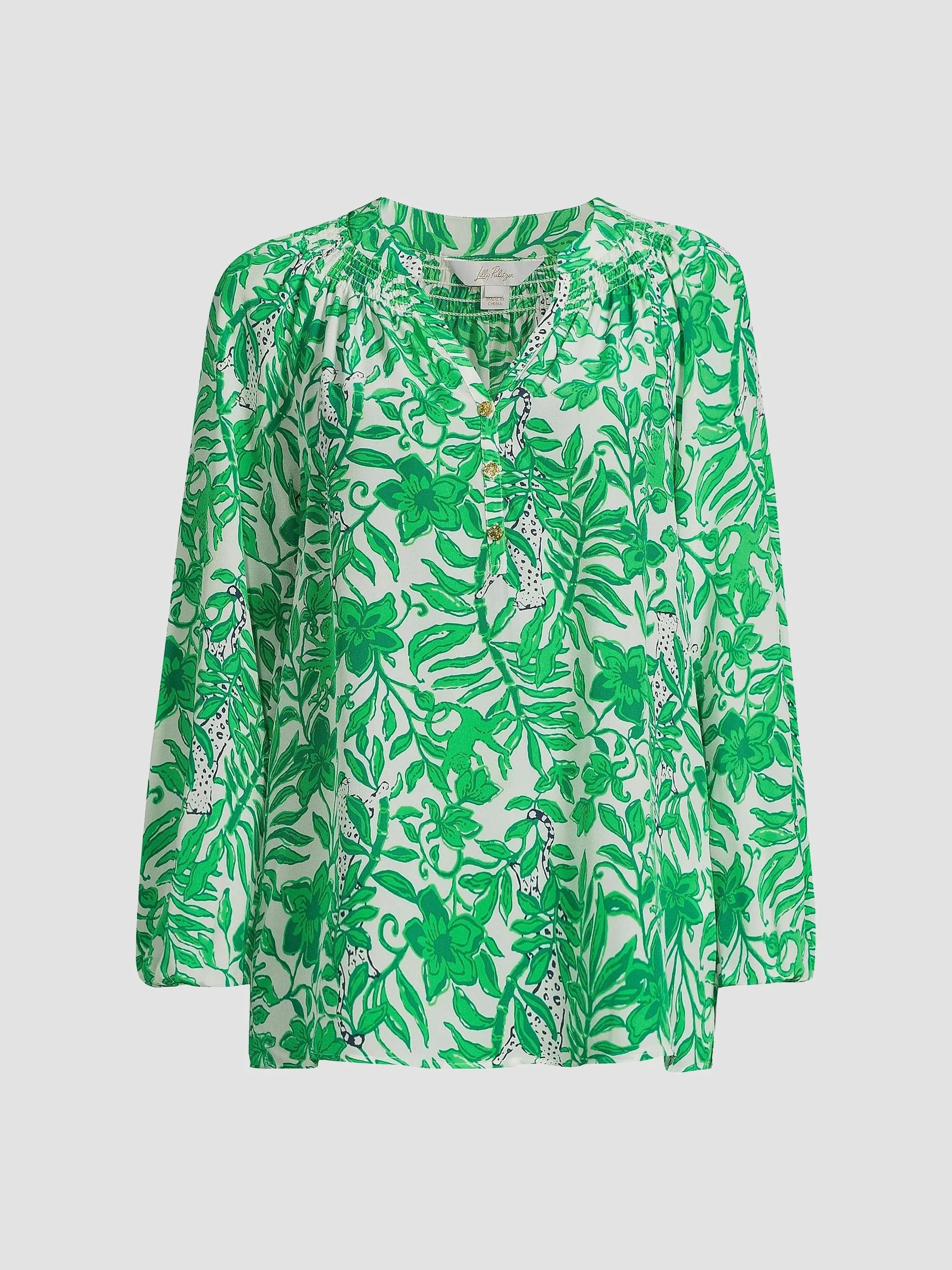 Women's Elsa Leafy Silk Top - Fiddle Leaf Green - 1