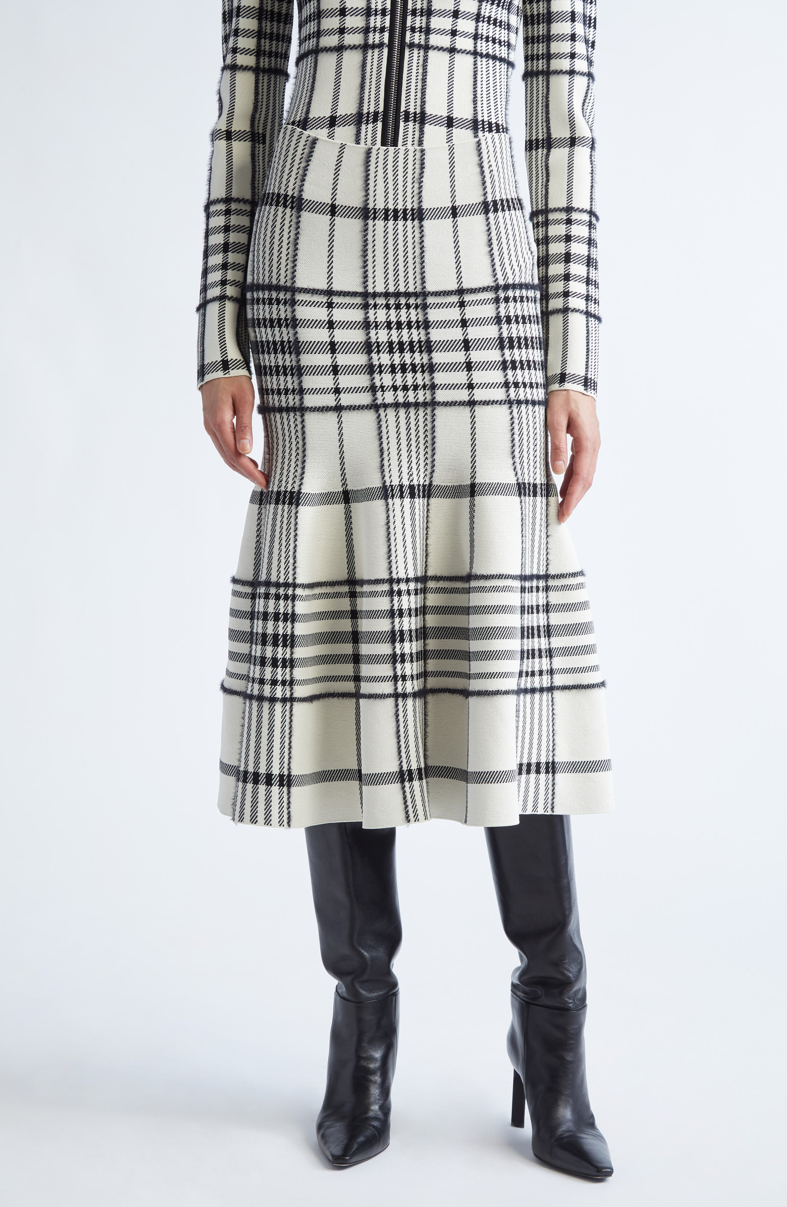 Brandon Maxwell The Rory Knit Flare Midi Skirt in Ivory Plaid at Nordstrom - 1