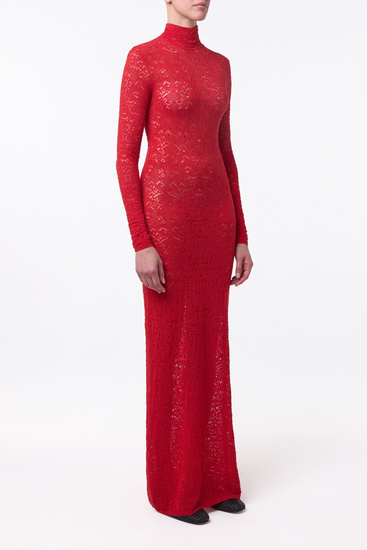 Lethe Pointelle Knit Maxi Dress in Scarlet Red Virgin Wool Silk - 4