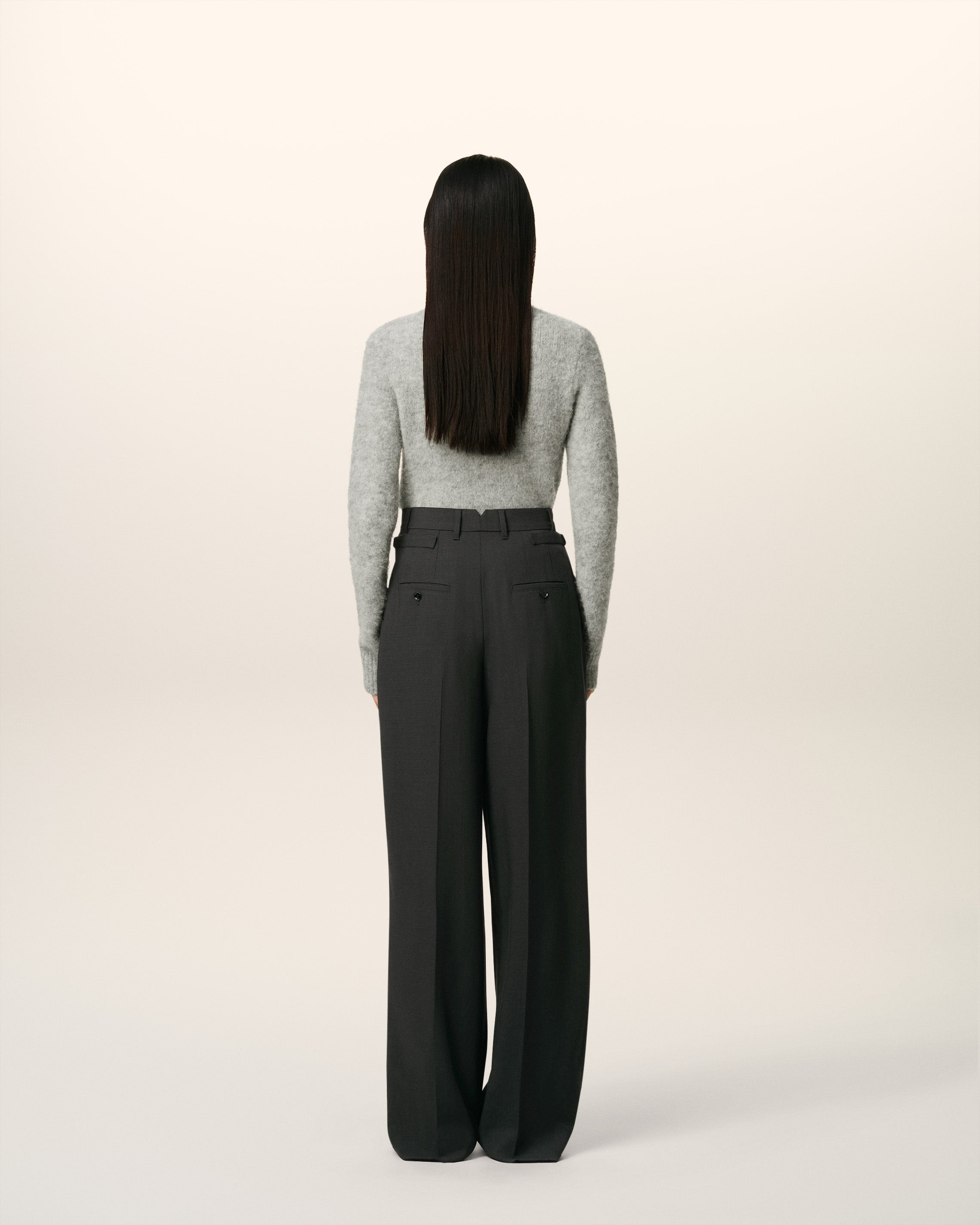 BLACK WOOL HIGH WAIST WIDE TROUSERS - 4