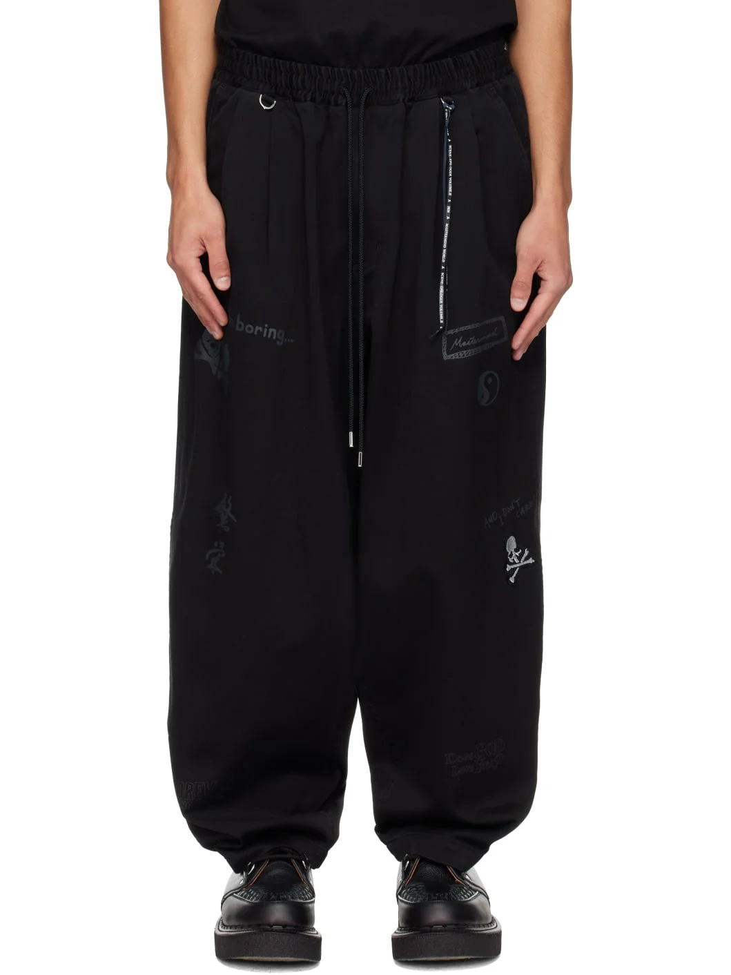 Black MW Doodle Print Wide Easy Trousers - 1