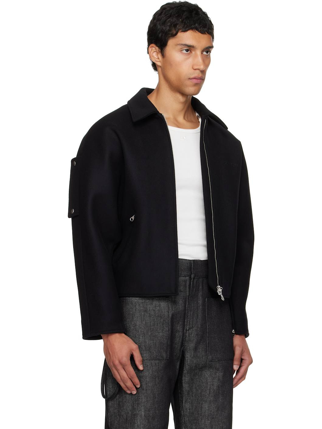 Black Embroidered Wool Bomber Jacket - 2