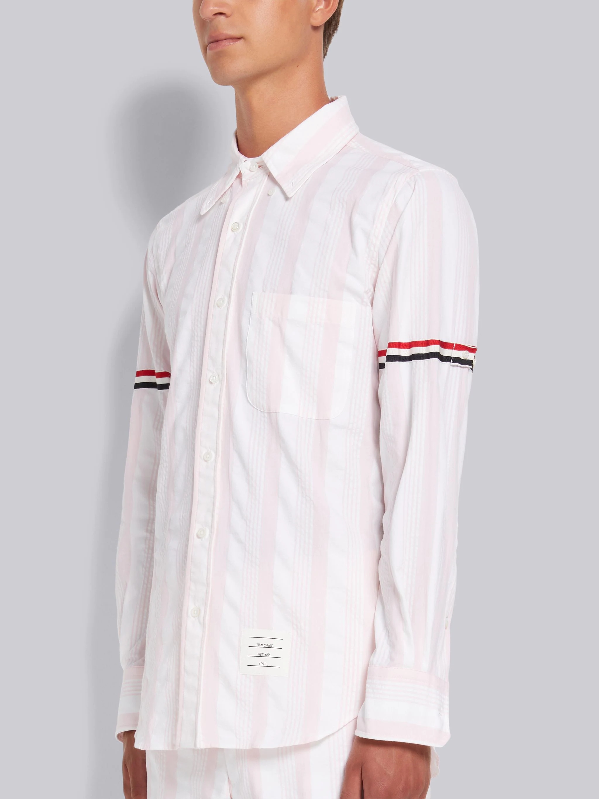Light Pink Stripe Seersucker Stripe Grosgrain Armband Straight Fit Shirt - 2