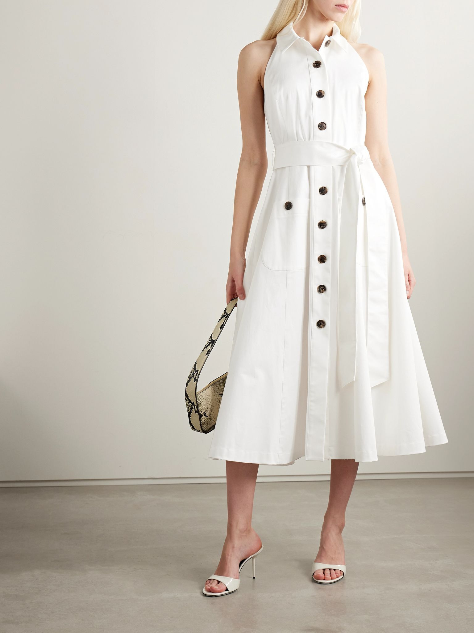Belted cotton-blend sateen halterneck midi shirt dress White - 2