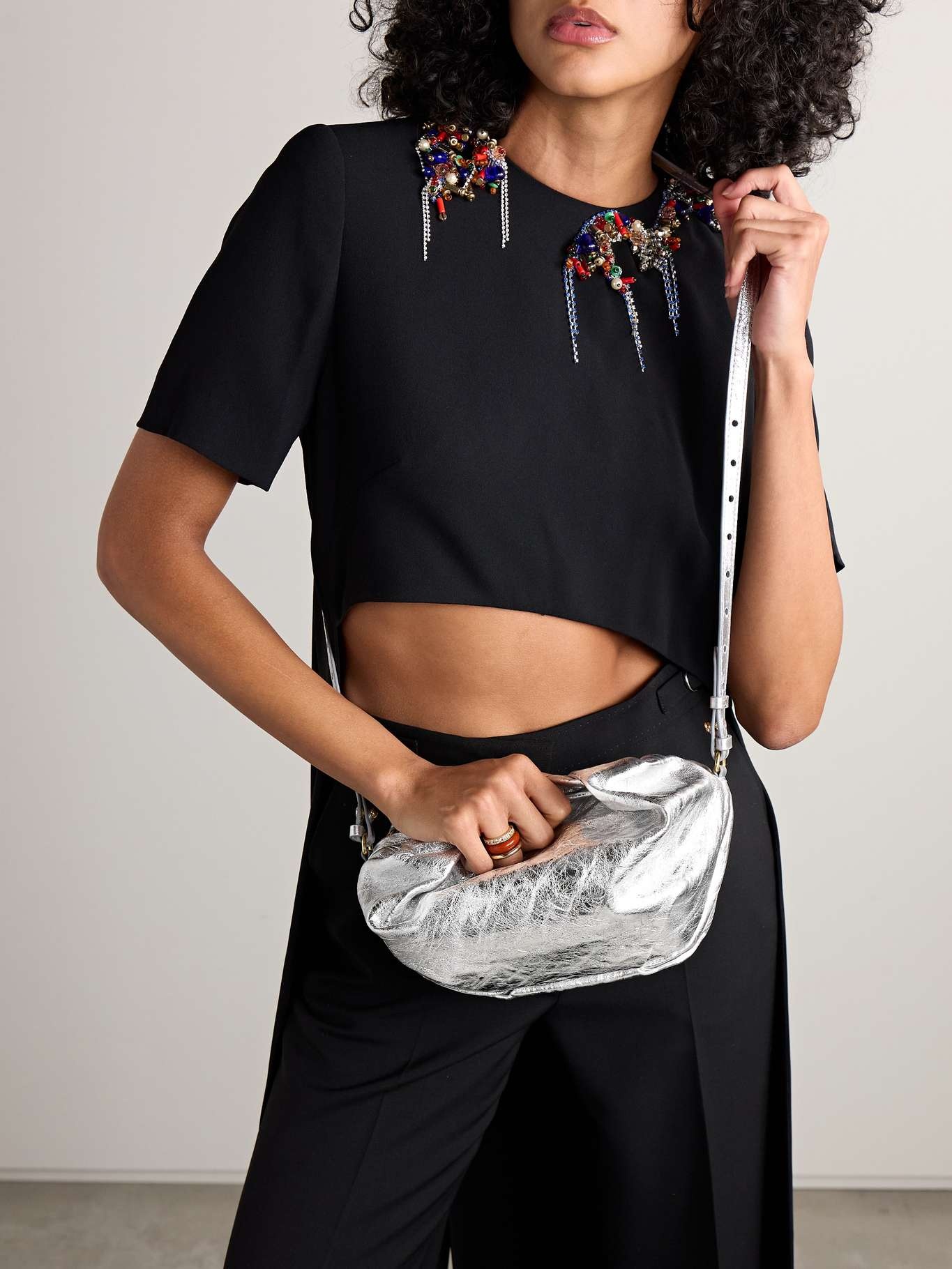 Gathered metallic crinkled-leather tote - 6