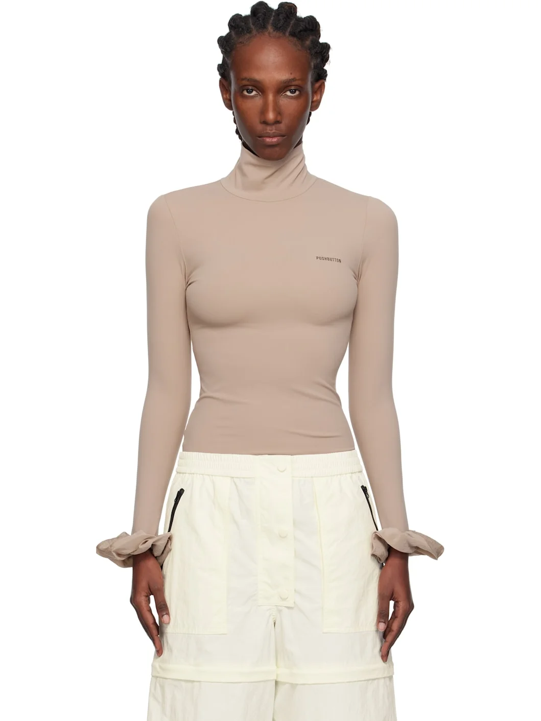 Beige Scrunchie Sleeve Jersey Turtleneck - 1