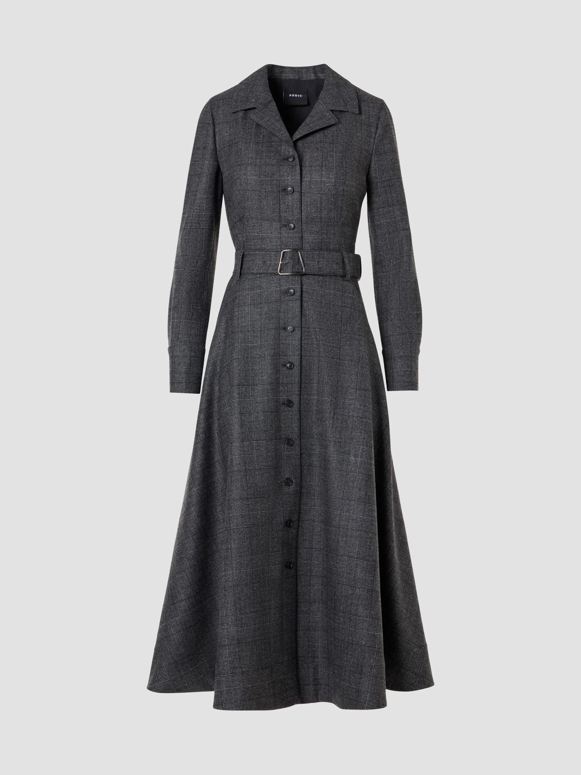Women's Prince of Wales Wool Flannel A-Line Midi Dress - Charcoal Black - 1