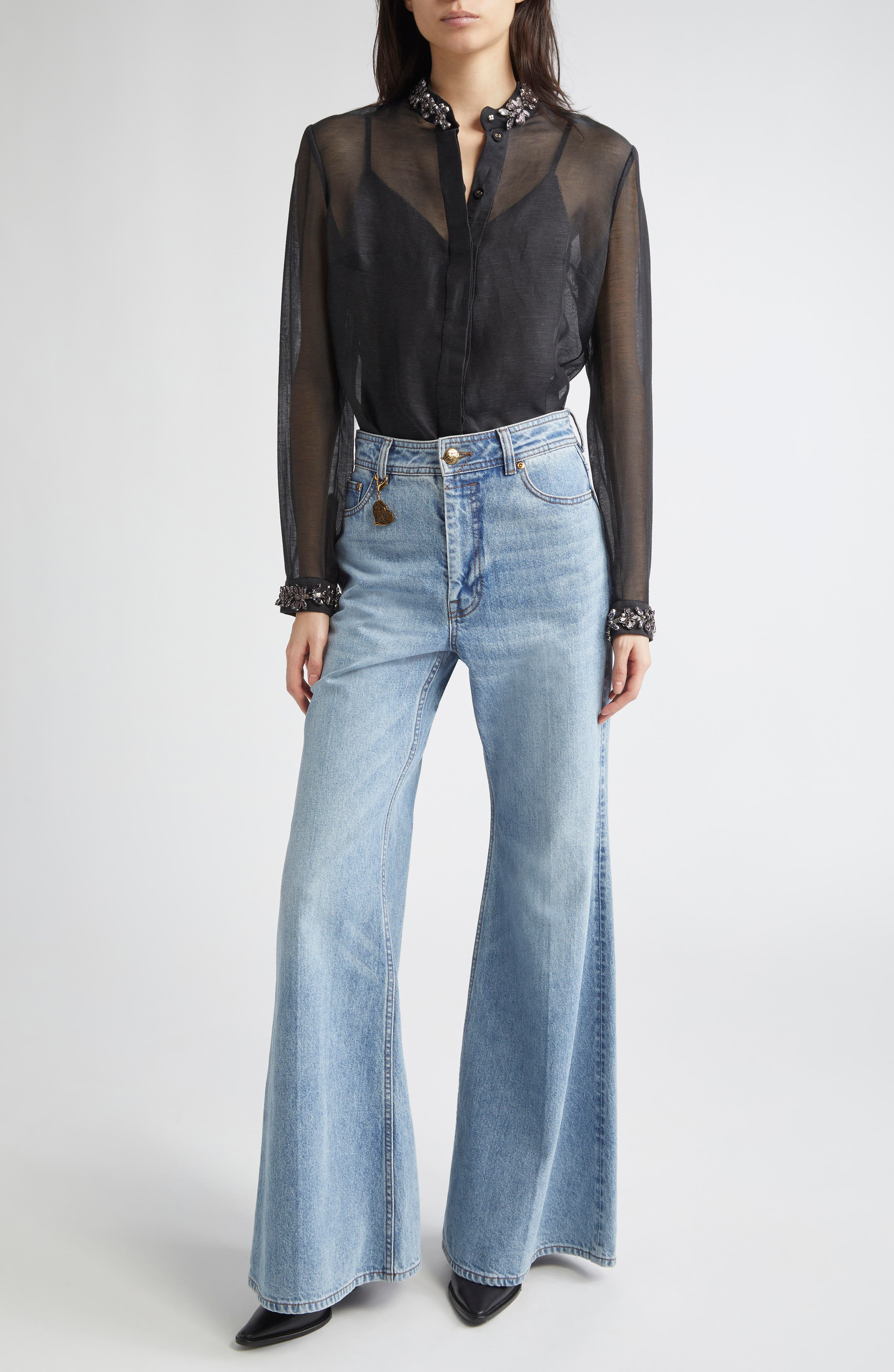 Zimmermann Hypnotic Crystal Embellished Sheer Linen & Silk Button-Up Shirt in Black at Nordstrom - 2