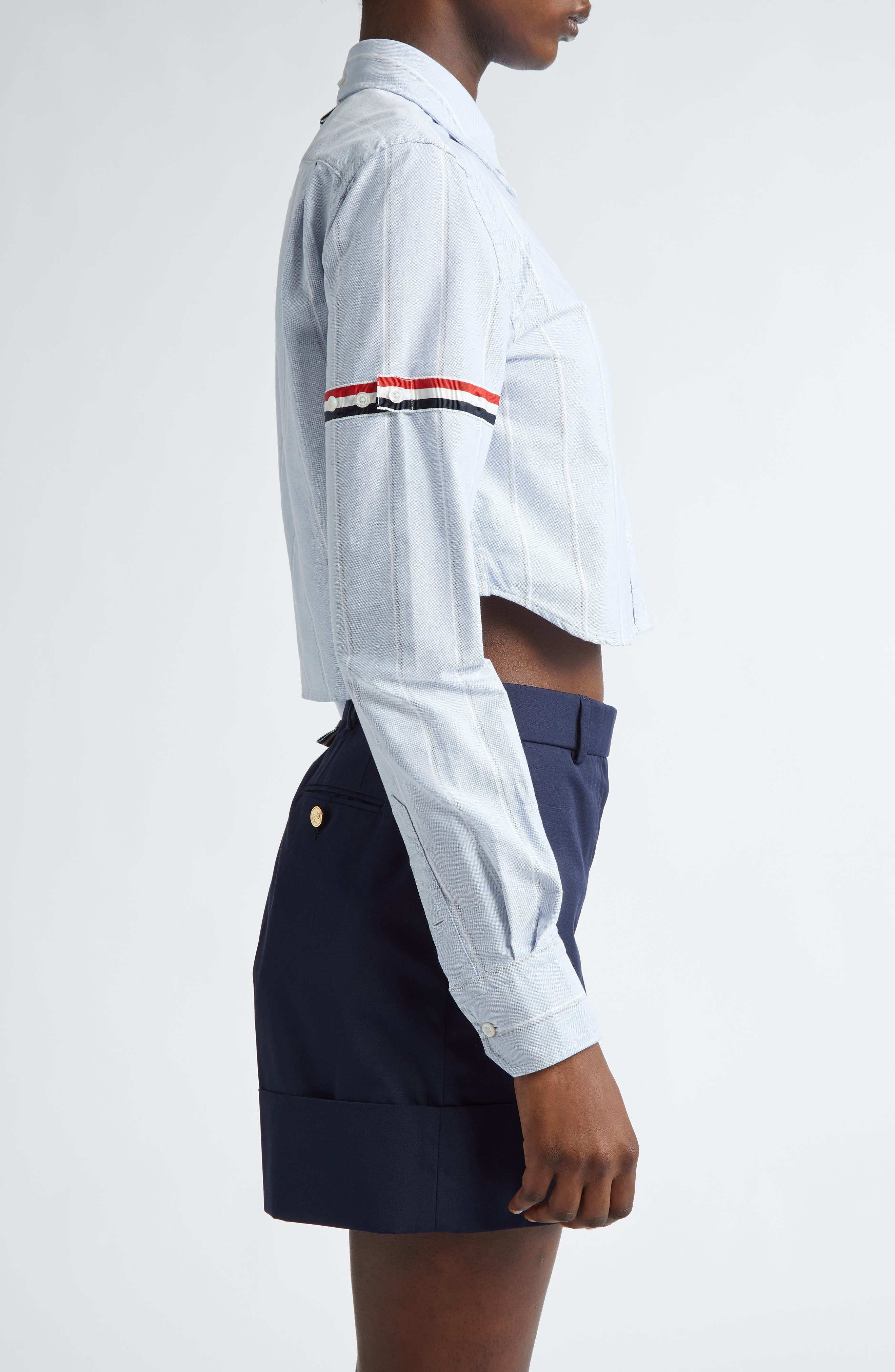Armband Stripe Cotton Poplin Crop Button-Down Shirt - 4