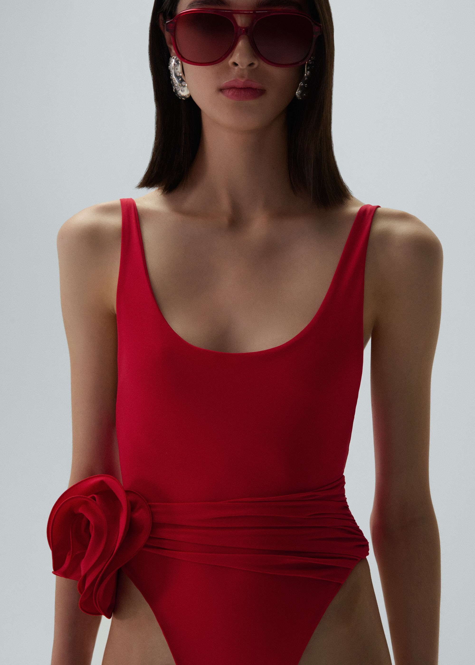 Flower scoop neck swimsuit in red - 3