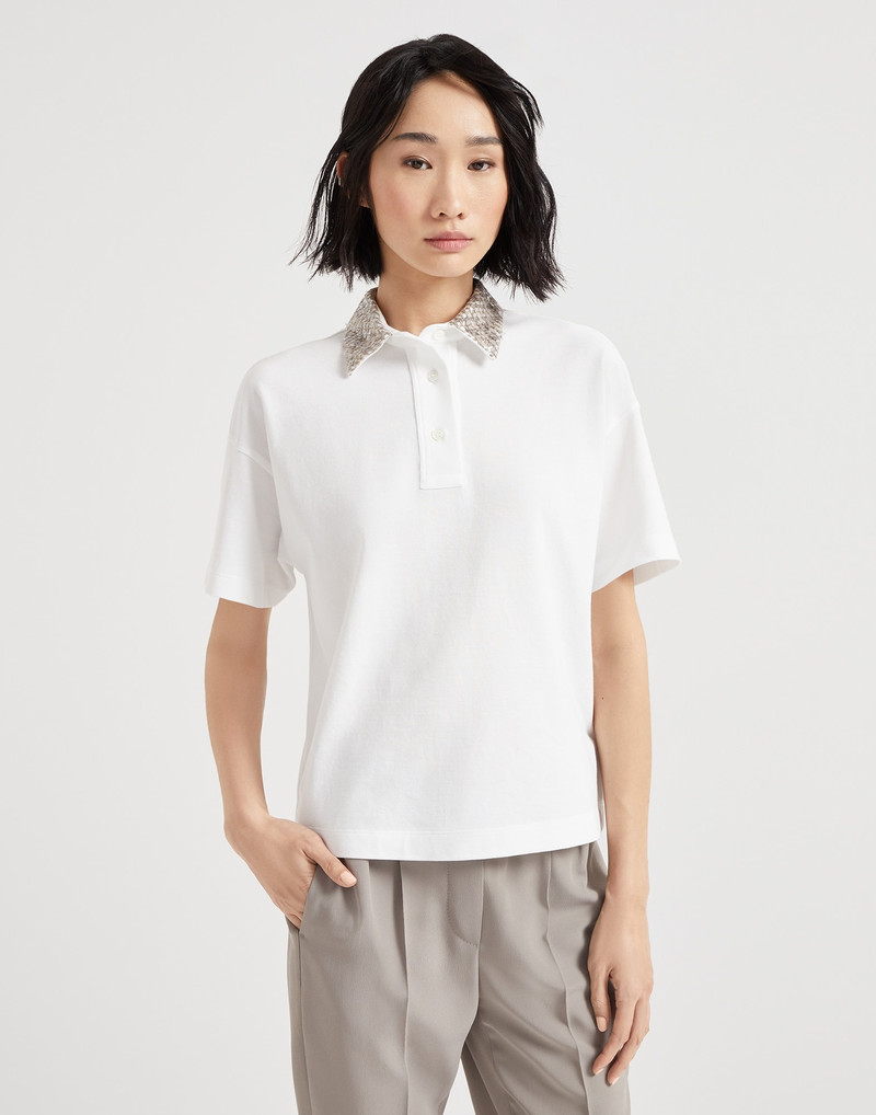 Cotton jersey polo shirt with dazzling net embroidery collar - 1
